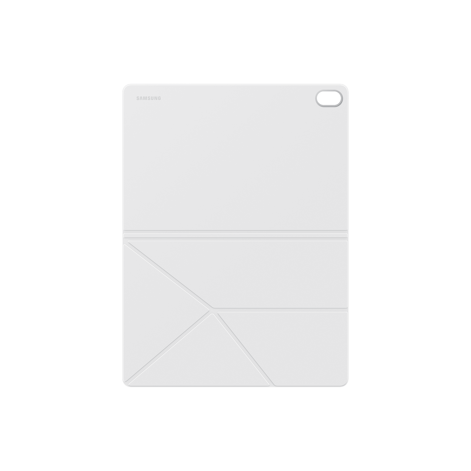 Une housse de tablette Samsung blanche est présentée sur fond noir. La housse est pliée et présente un design géométrique.