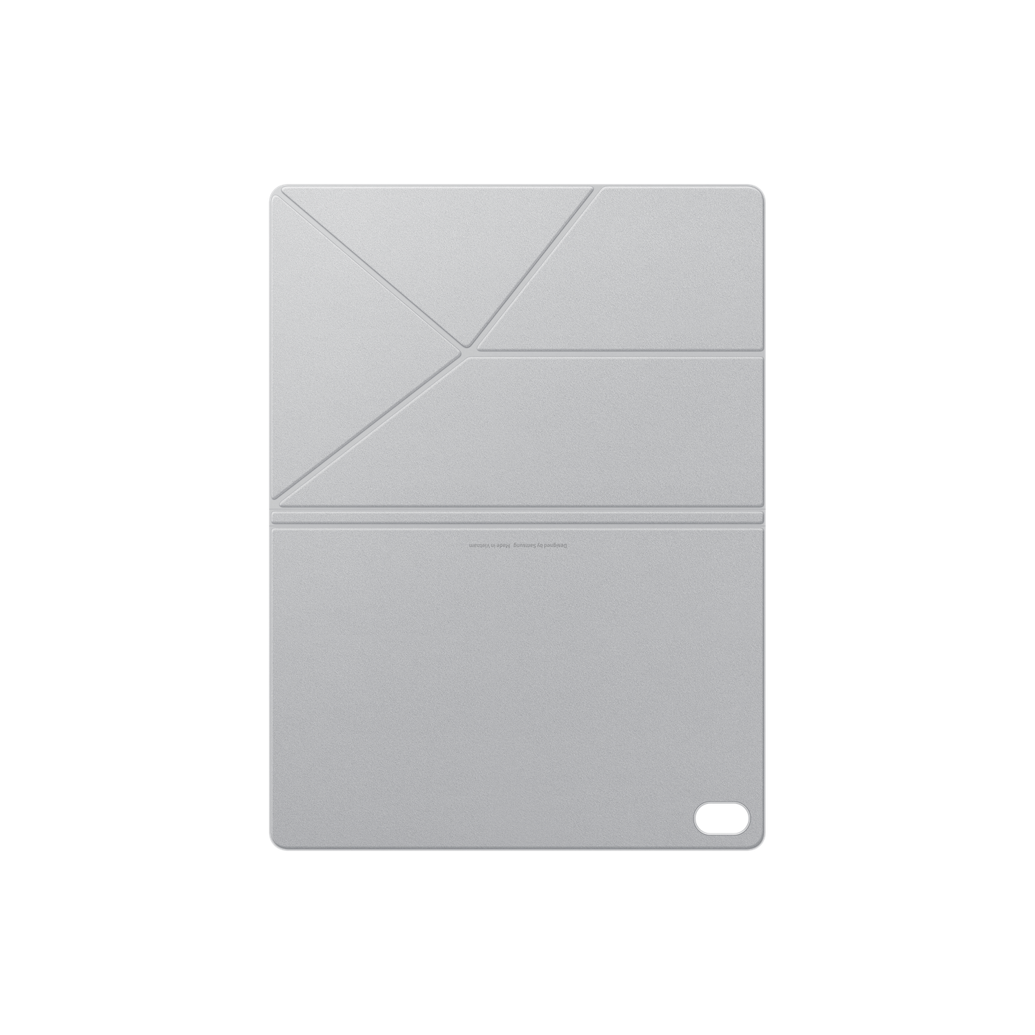 Une housse de tablette gris clair avec des sections pliantes géométriques. L'étui a un coin arrondi et un petit trou.