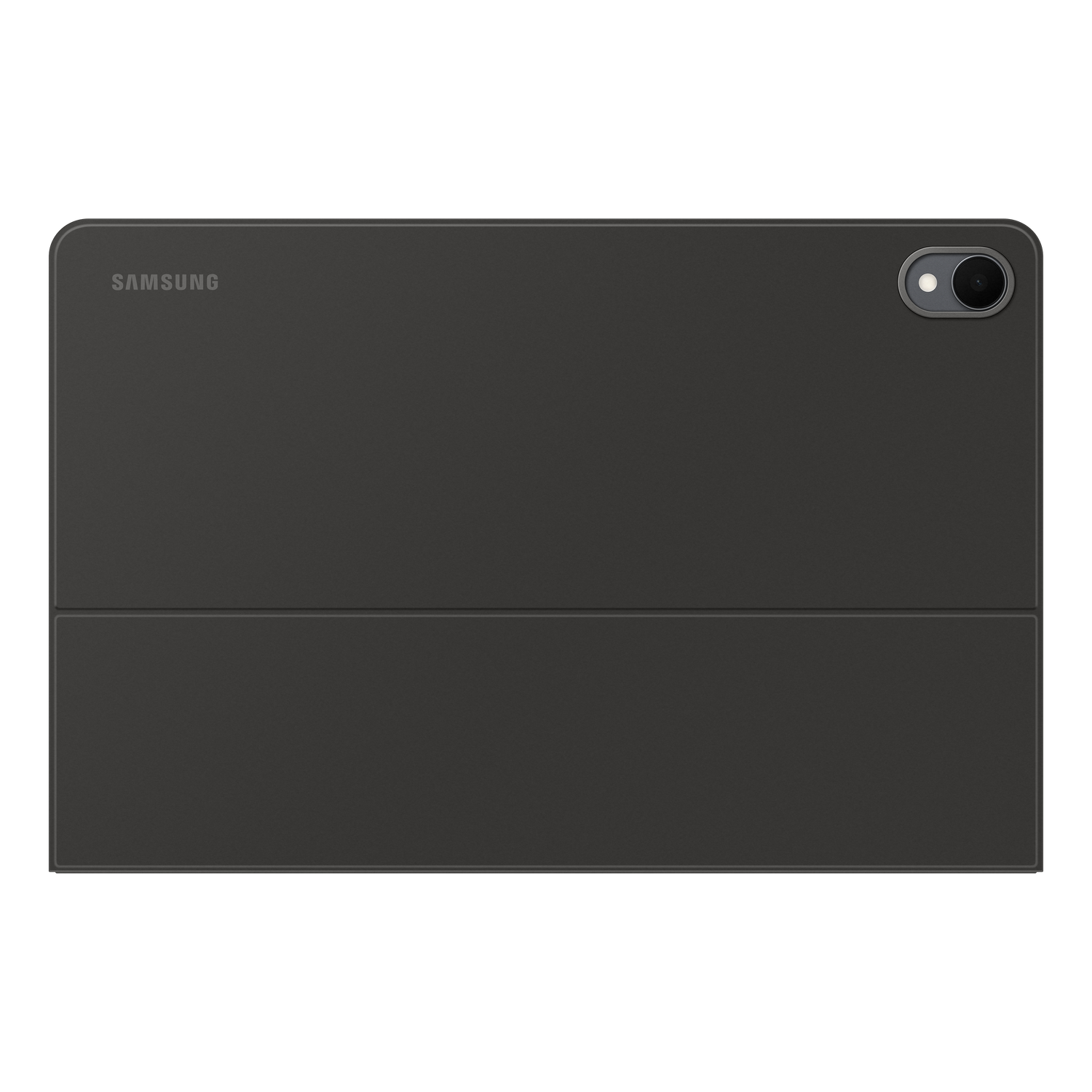 A dark gray Samsung tablet case. Has the brand name printed on the top left and a camera on the top right corner.