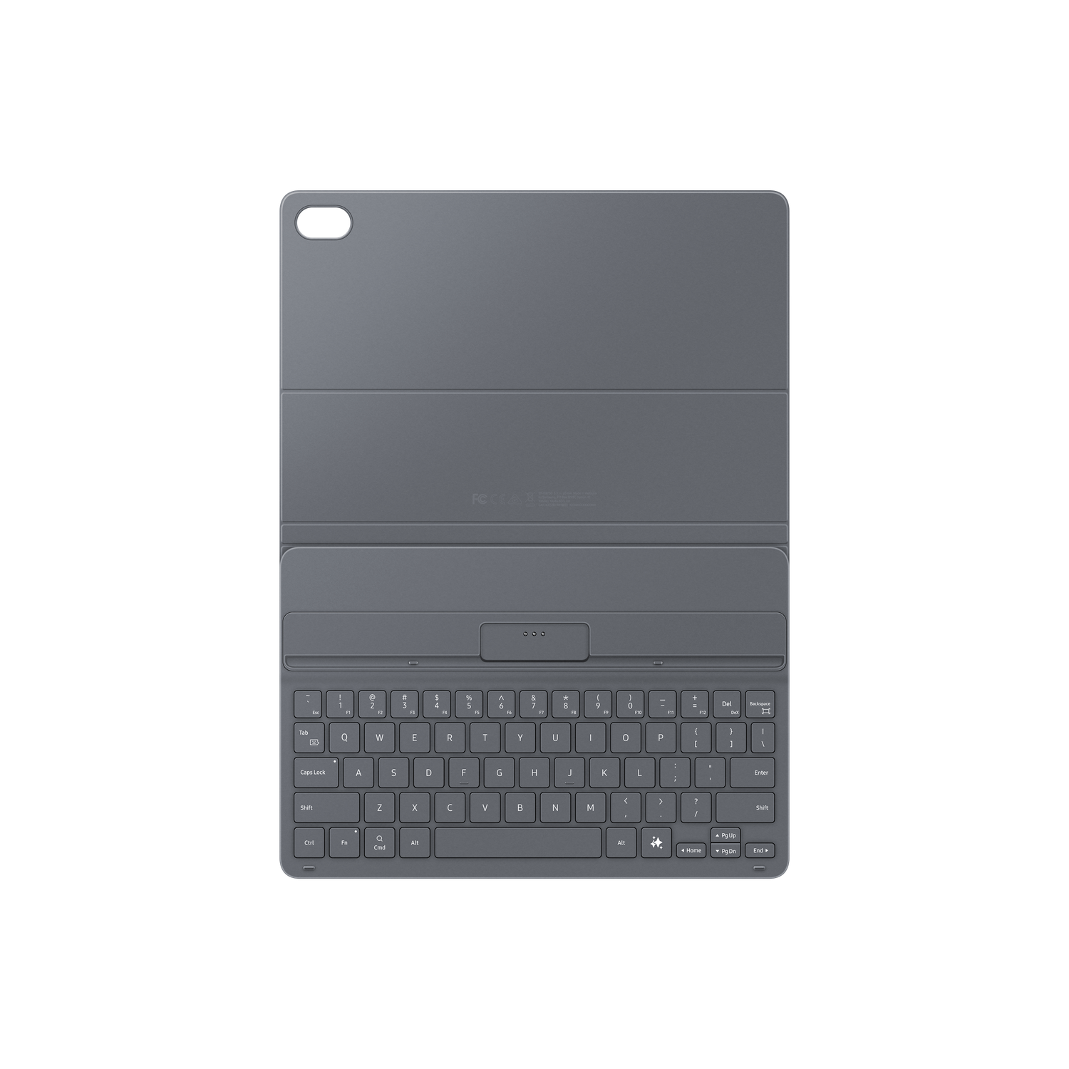 A dark gray tablet keyboard with a full QWERTY layout. Includes keys, a trackpad, and a tablet holder. The background is black.