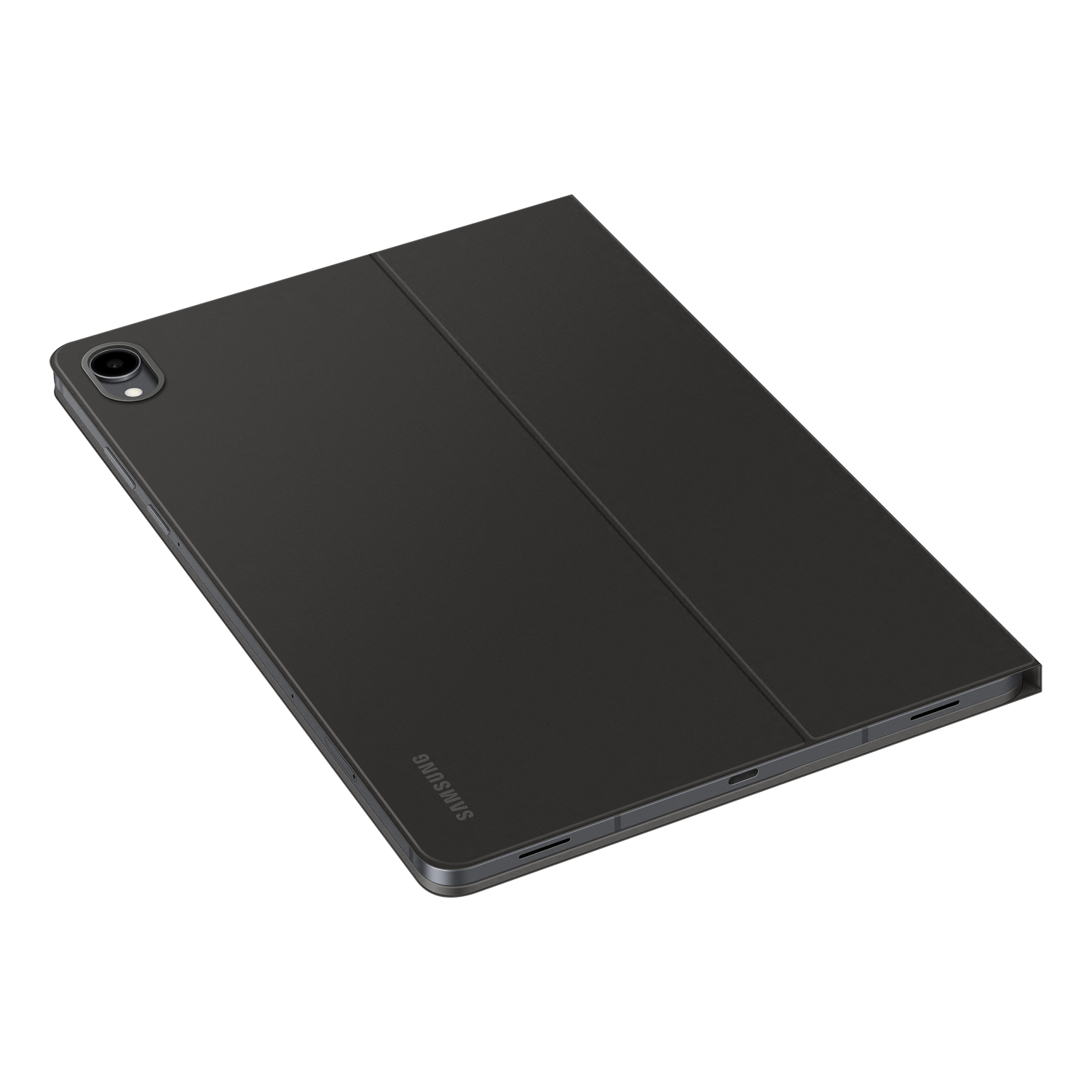 A black Samsung tablet with a cover is seen at an angle against a black background. The cover is partially open.