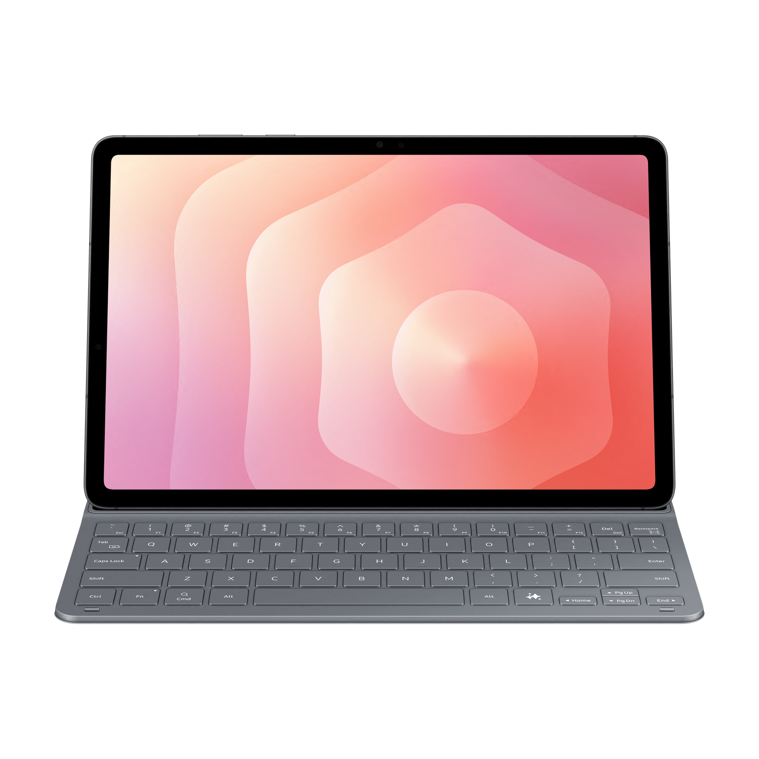 A tablet with a keyboard is shown. The tablet displays a pink and orange abstract design. The keyboard is gray and has white lettering.