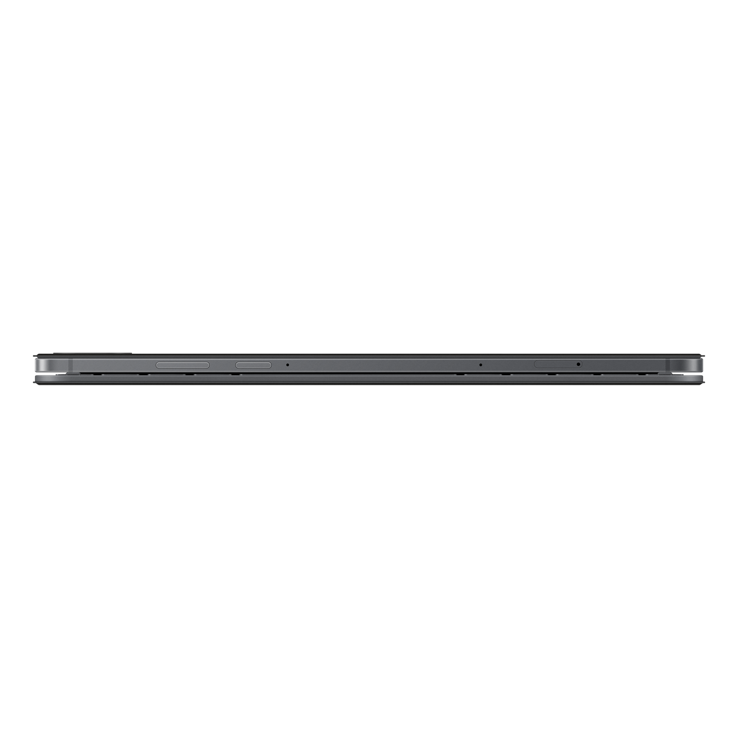 Side view of a gray tablet on black background. Shows the side edge with buttons and ports.