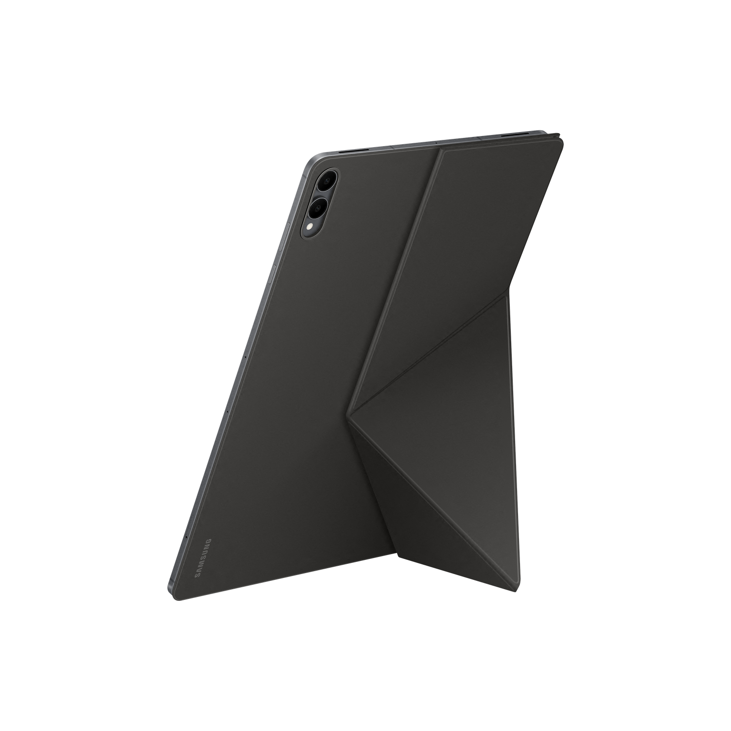 Une tablette noire avec un étui est affichée sur fond noir. La tablette est inclinée, montrant son dos et sa caméra.