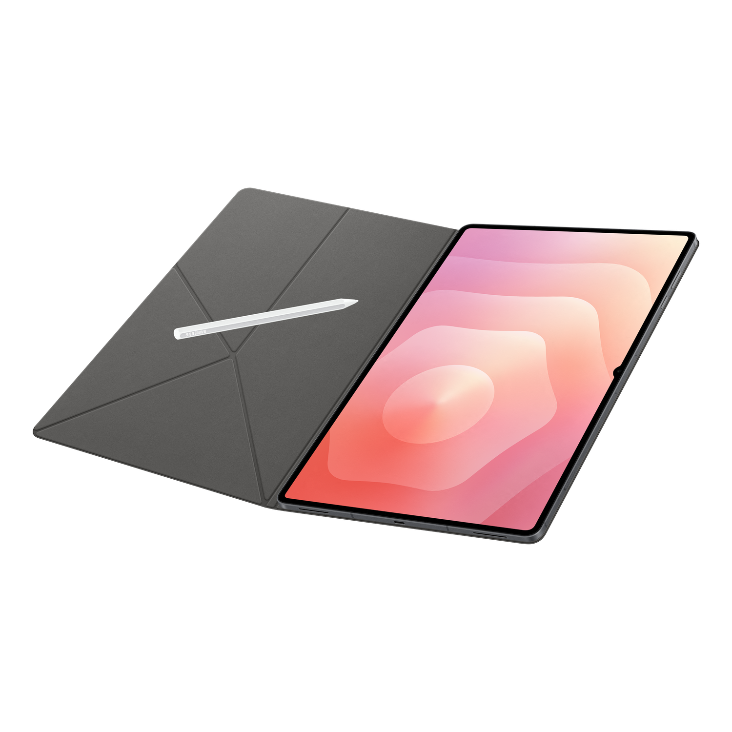 Tablette avec stylet sur une couverture grise. L'écran de la tablette affiche un design abstrait rose et orange. Fond noir.