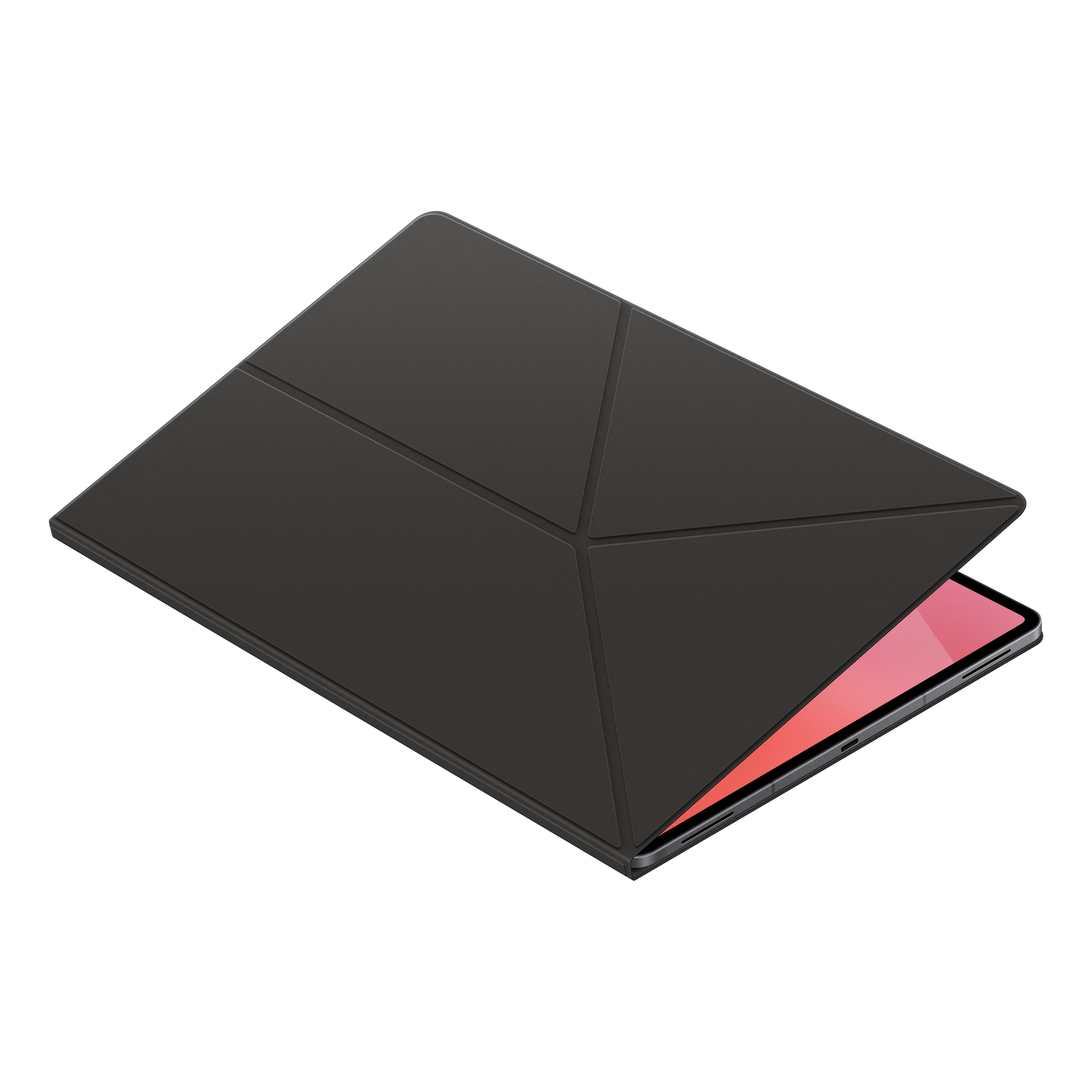 Une tablette noire avec une couverture pliée. L'écran est visible avec un affichage rose-rouge. Le fond est noir.