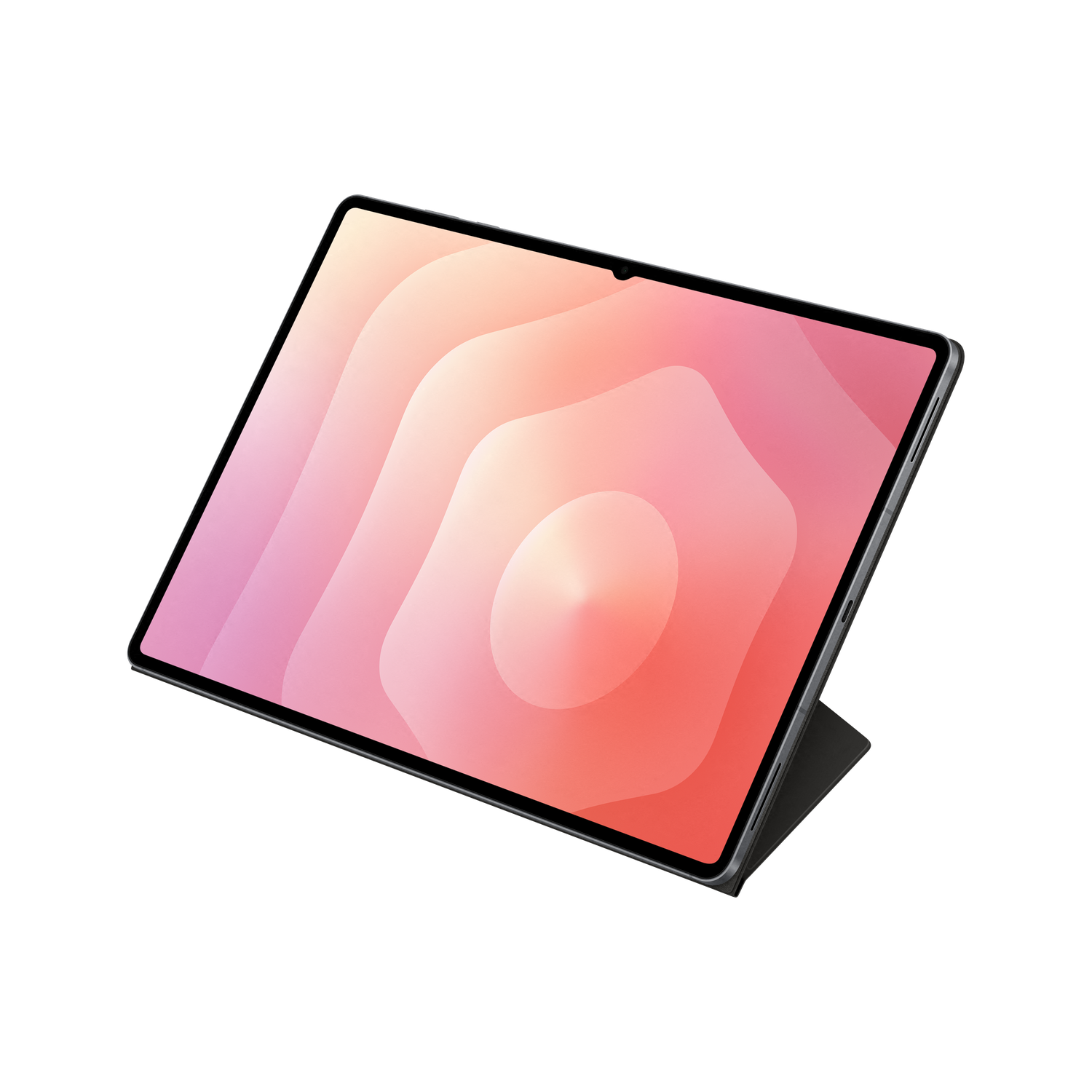Une tablette avec un écran dégradé de tons roses et pêche, sur fond noir. La tablette est dans un étui.