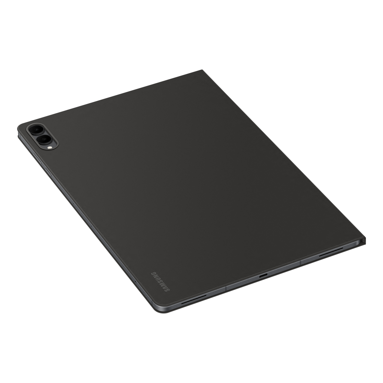 Une tablette Samsung gris foncé sur fond noir. La tablette est inclinée, montrant la caméra et le logo Samsung.