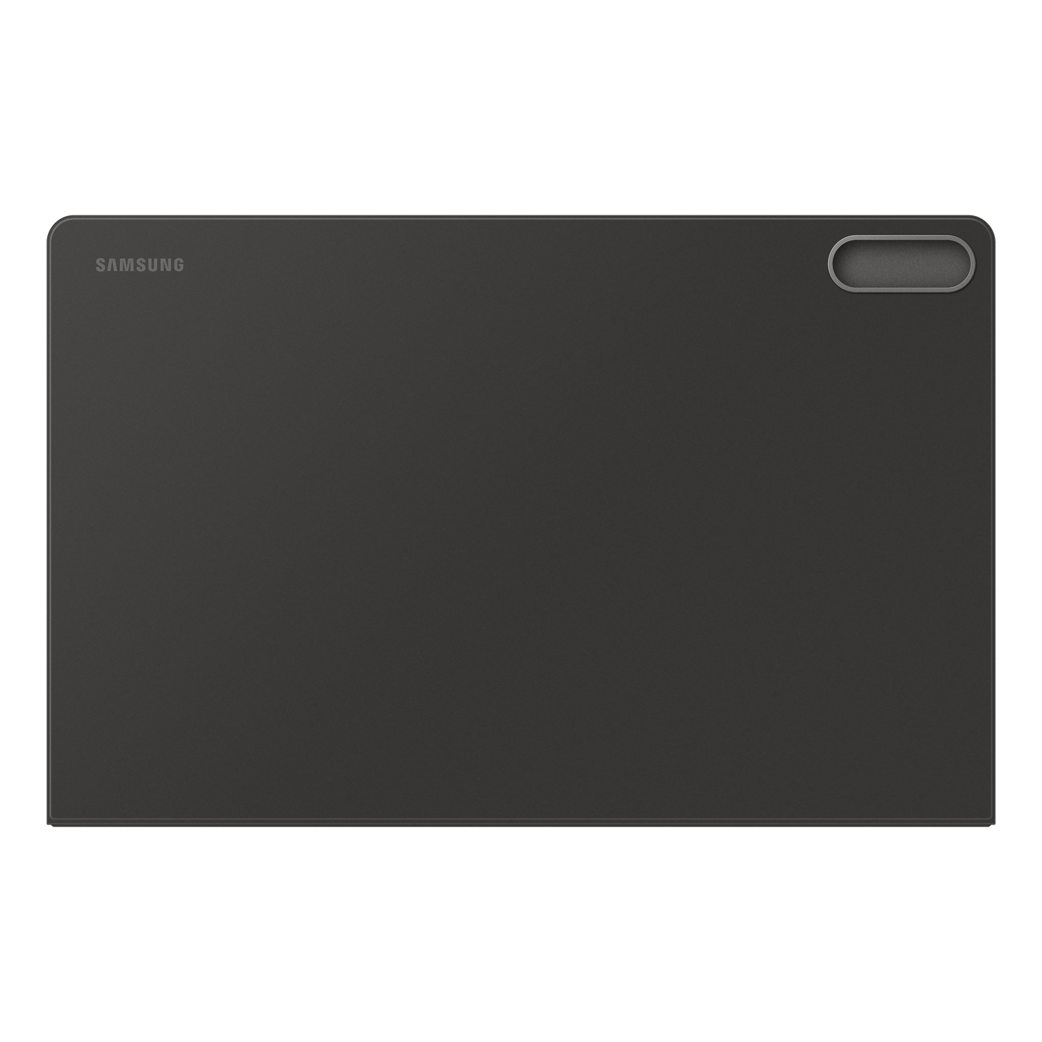 Tablette rectangulaire noire. Logo Samsung en haut à gauche. Petit bouton allongé en haut à droite.