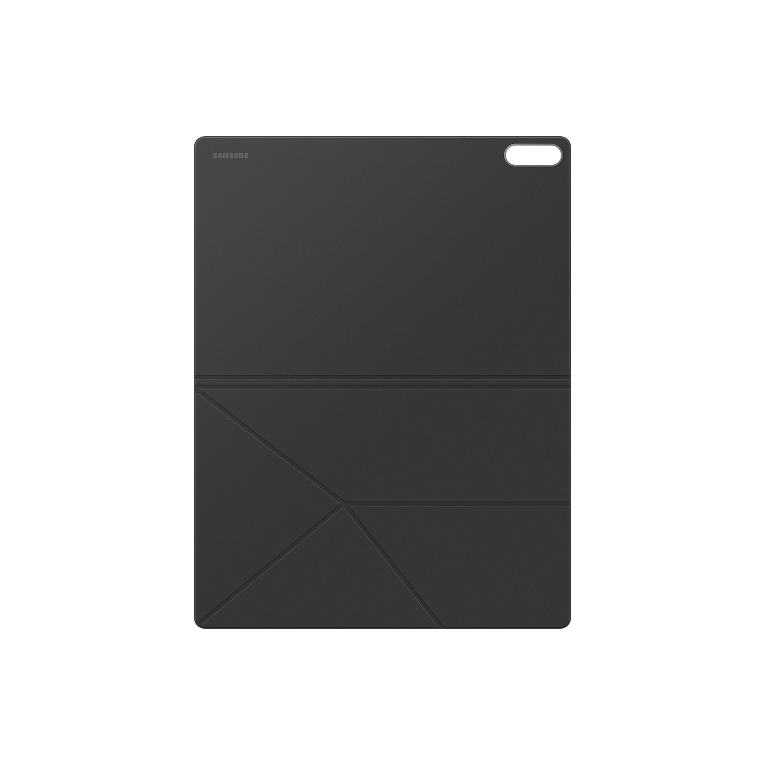 Une housse de tablette Samsung noire. L'étui est plié, montrant un motif géométrique. Le logo Samsung est visible en haut.