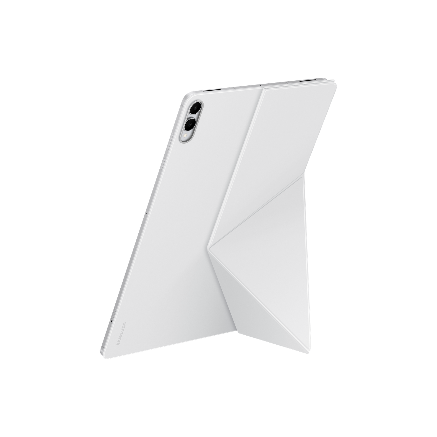 Een witte tablet met een opvouwbare hoes op een zwarte achtergrond. De tablet heeft een dubbele camera en het Samsung-logo.