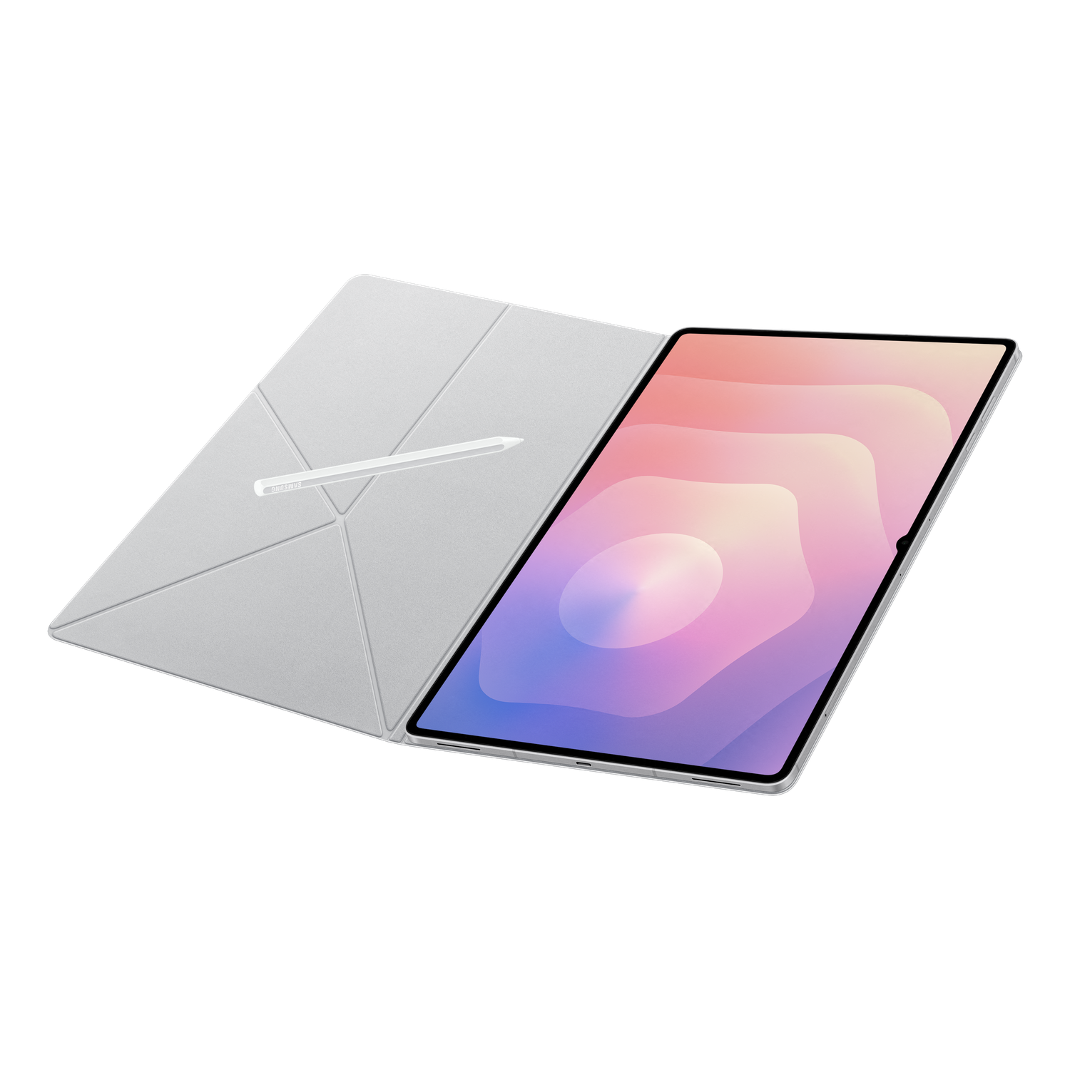 Tablet met open hoes en stylus. Het scherm toont een abstract ontwerp in roze, paars en blauw. De hoes is grijs en de achtergrond zwart.