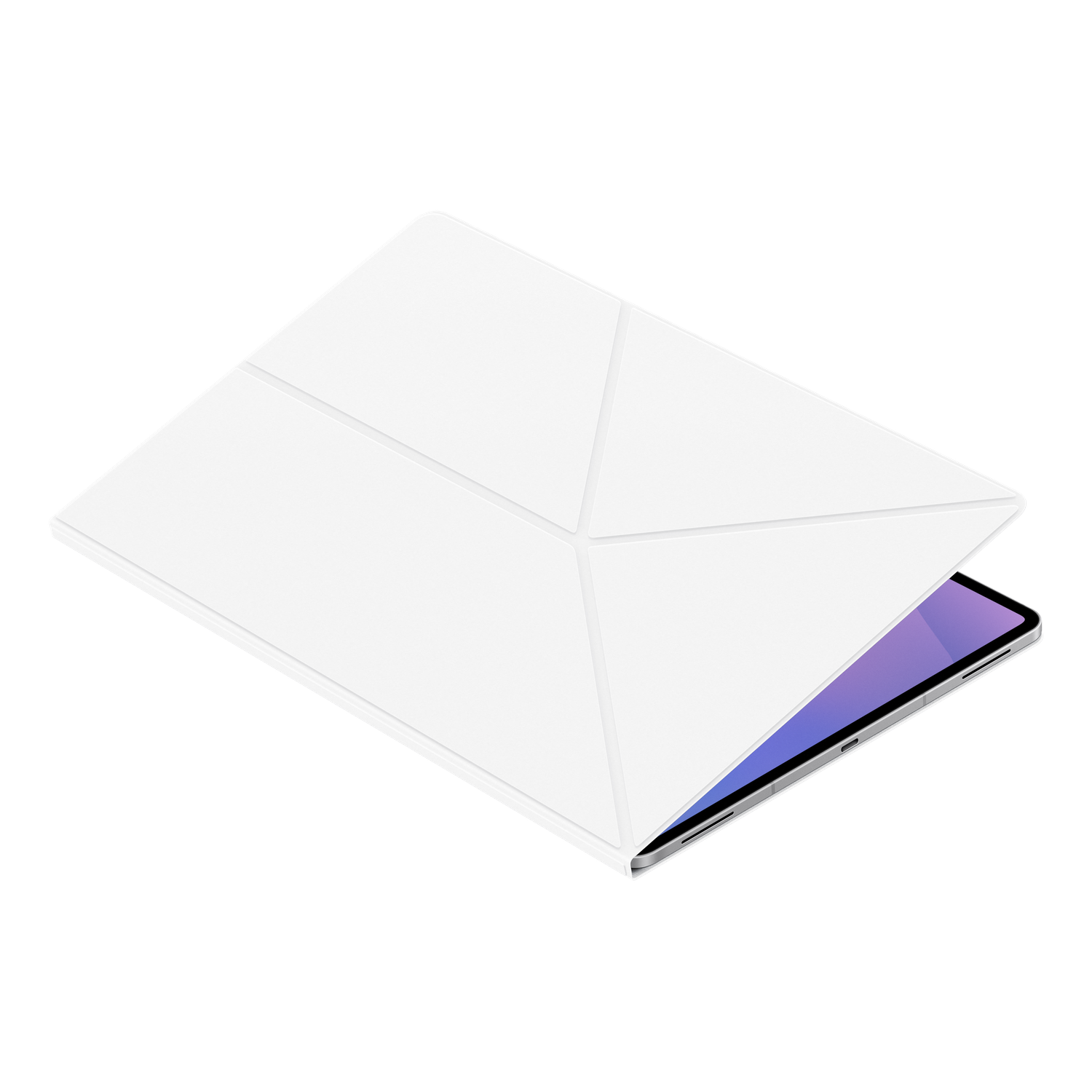 Een witte tablet met een witte hoes, gedeeltelijk open, onthult het scherm met paarse en blauwe tinten, tegen een zwarte achtergrond.