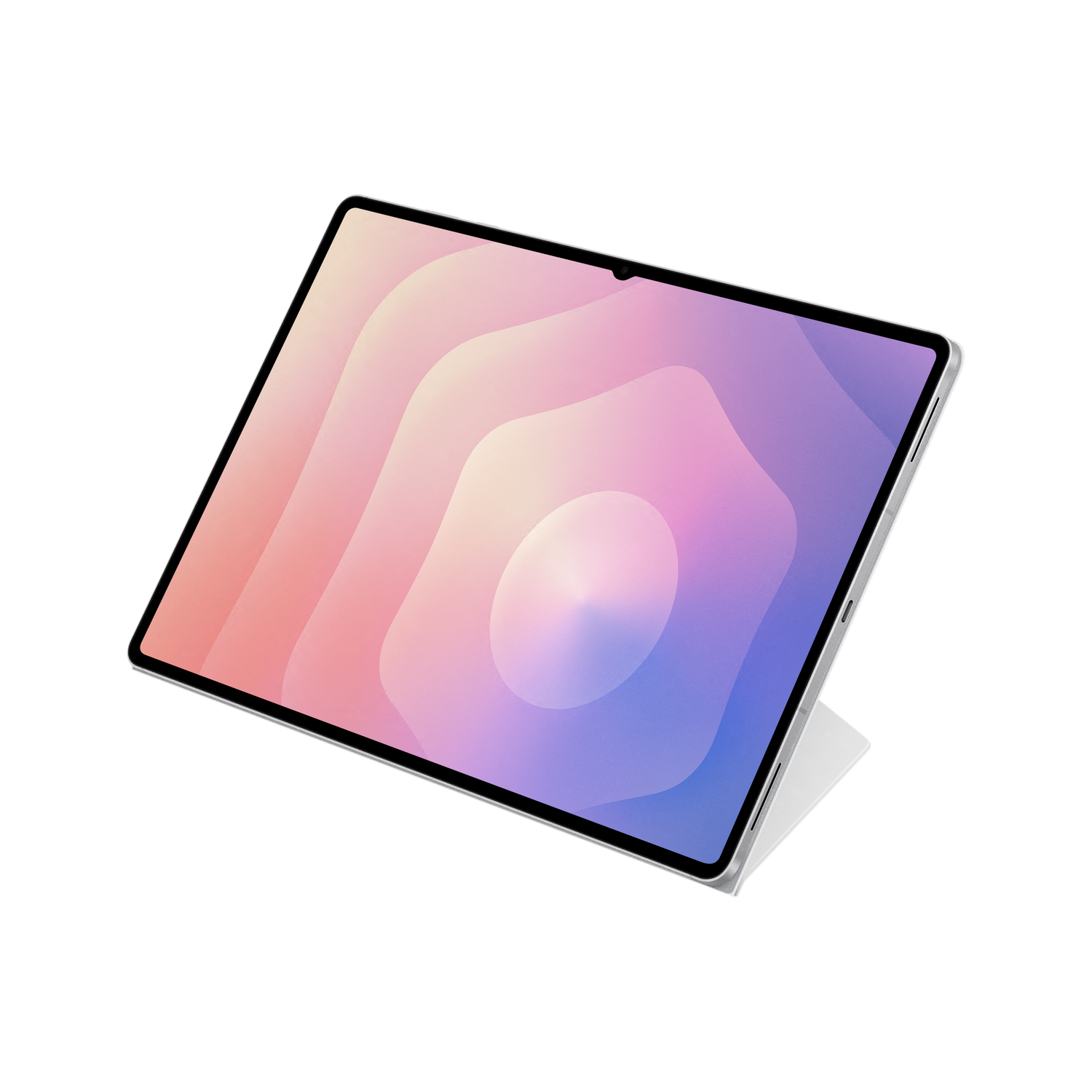 Een tablet met een kleurrijk verloop op het scherm staat schuin tegen een zwarte achtergrond. De tablet heeft een witte standaard.