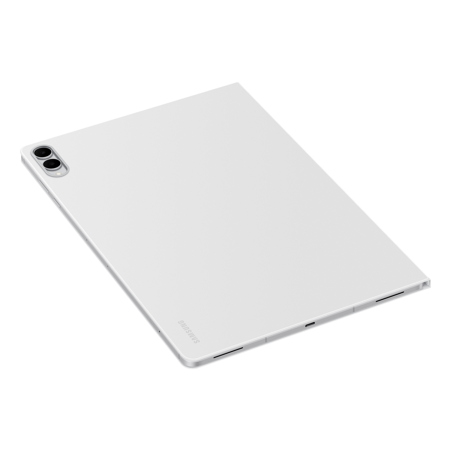 Een witte Samsung tablet op een zwarte achtergrond. Het heeft dubbele camera's en het Samsung logo. De tablet staat schuin.