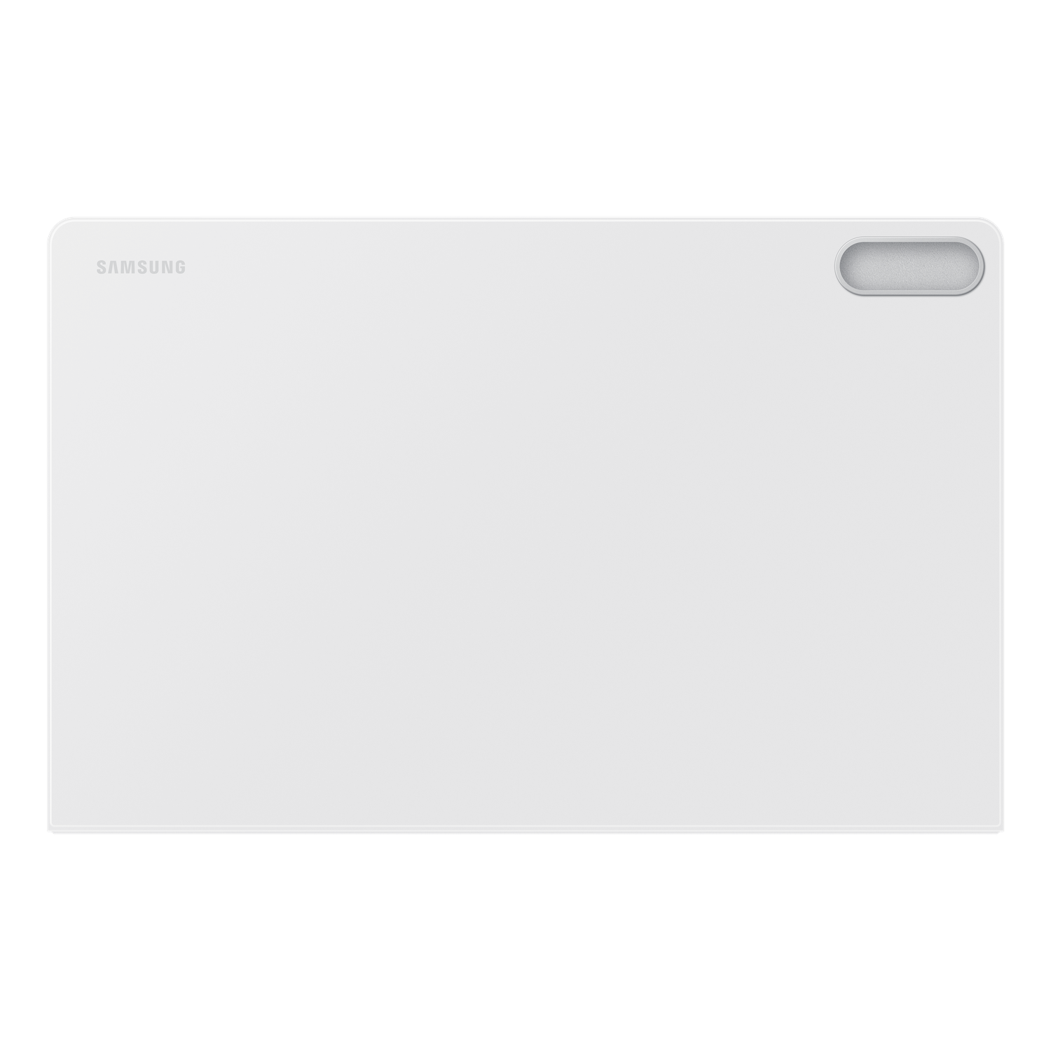 Een witte tablet met het Samsung-logo. Het heeft een afgeronde rechthoek met een luidspreker in de rechterbovenhoek.