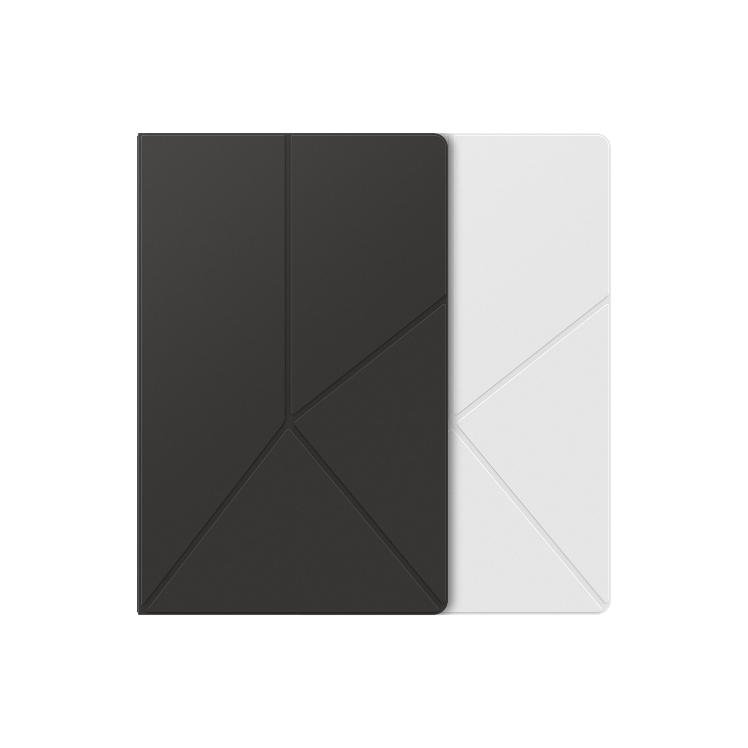 Twee tablet covers: één zwart, één wit. Beide hebben een geometrisch ontwerp met elkaar kruisende lijnen tegen een zwarte achtergrond.