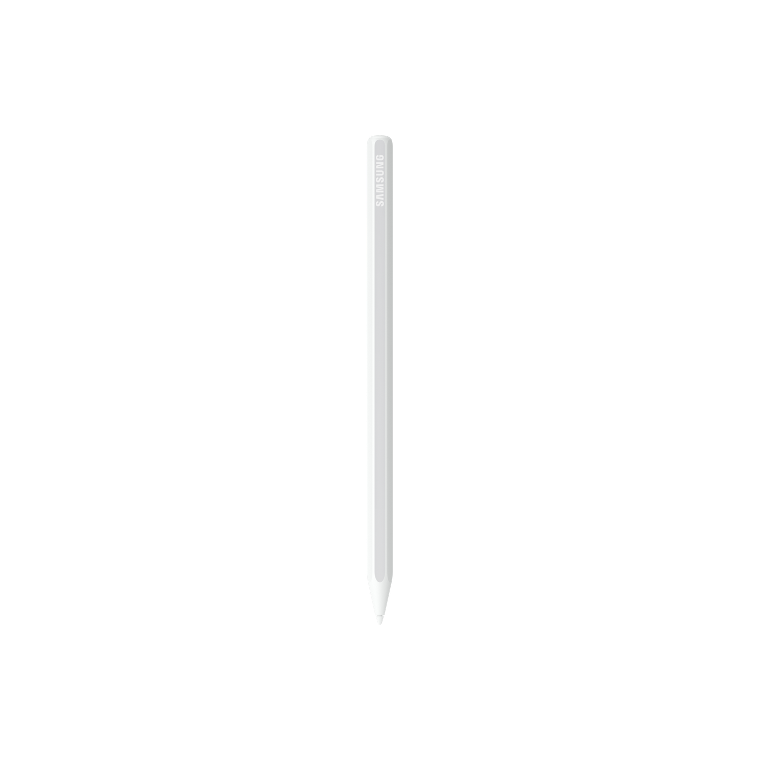 A white Samsung stylus pen stands vertically against a black background. The pen is centered and has a sharp tip.