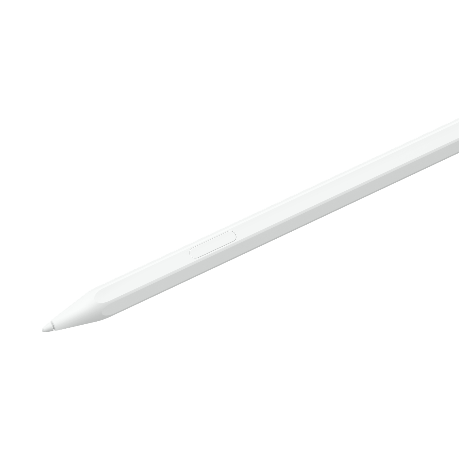 A white stylus pen angled diagonally against a black background. The pen has a silver tip and a button.
