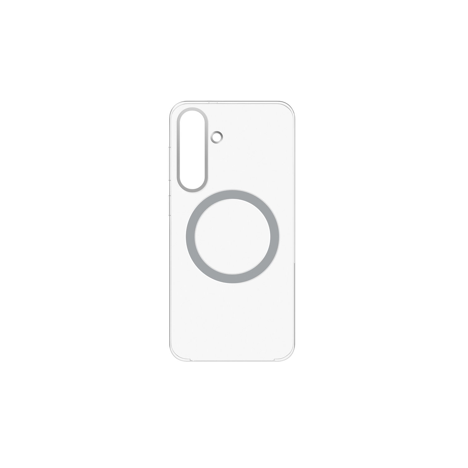 Witte telefoonhoes met zwarte camera-uitsparing en grijze ring, op een zwarte achtergrond.