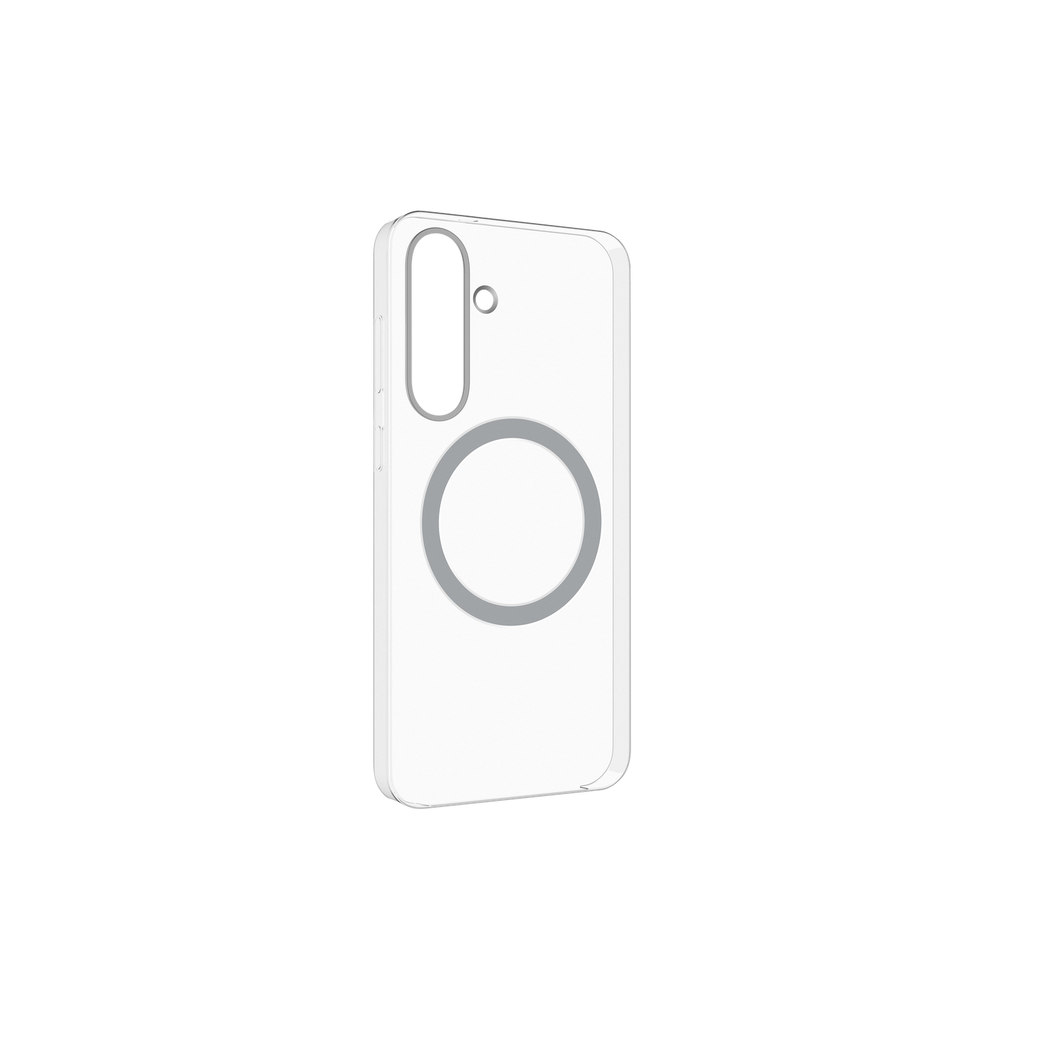 Een transparante witte telefoonhoes met een grijze cirkel en camera-uitsparing, geïsoleerd op een zwarte achtergrond.