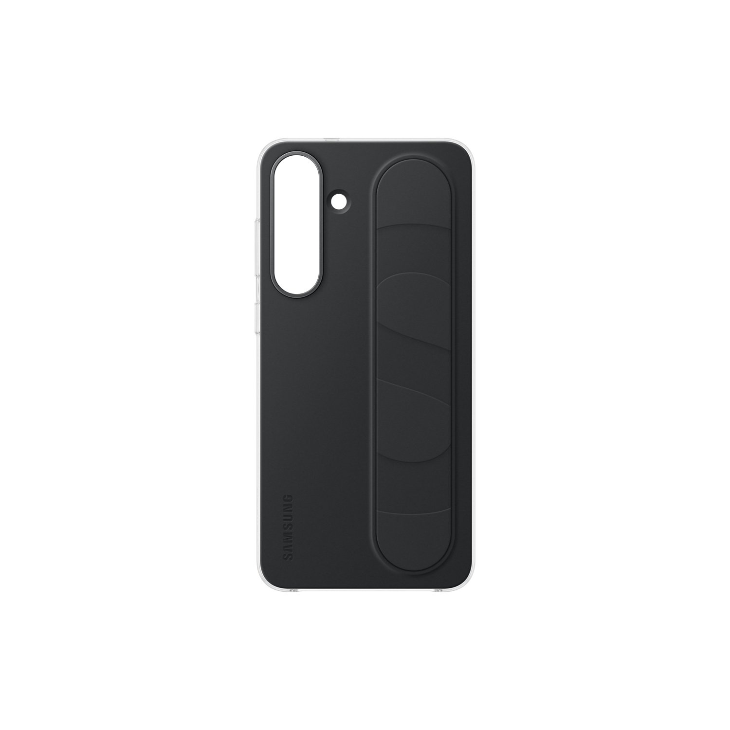 Een zwarte telefoonhoes met een witte rand, met een uitsparing voor de camera en een handgreep. Het Samsung-logo is zichtbaar. Zwarte achtergrond.
