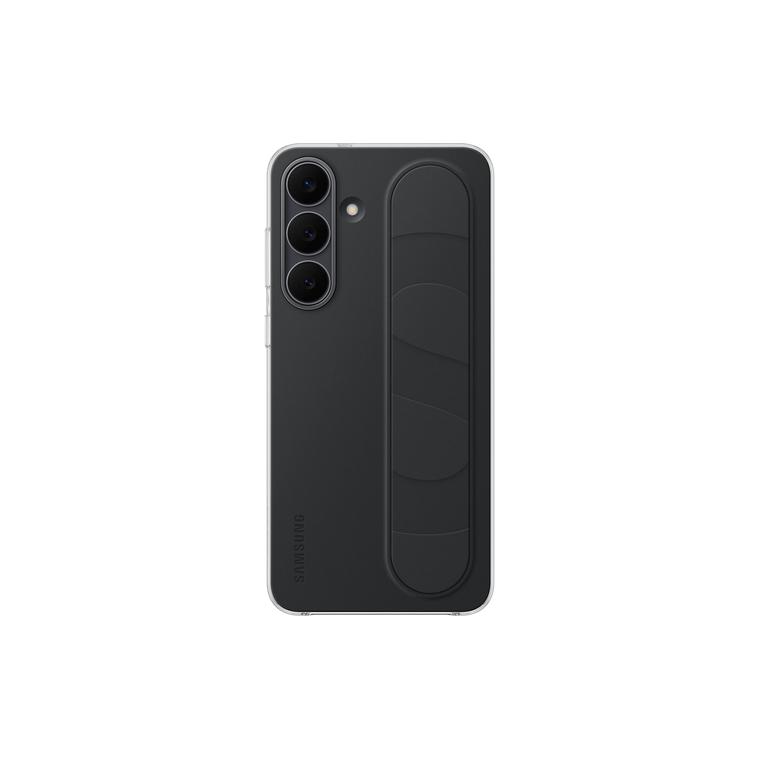Zwarte telefoonhoes met drie cameralenzen en een grip. De hoes heeft het Samsung-logo en een doorzichtige rand.