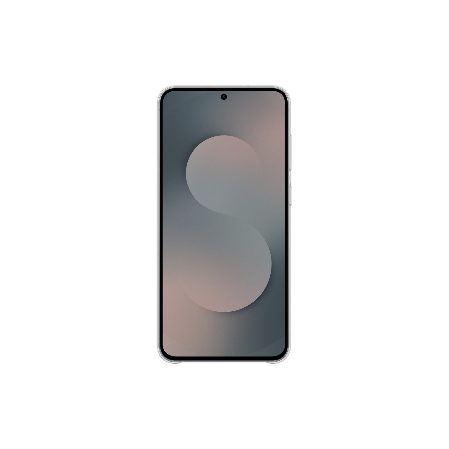 Een smartphone met een gradiëntscherm, grijs naar roze, tegen een zwarte achtergrond.