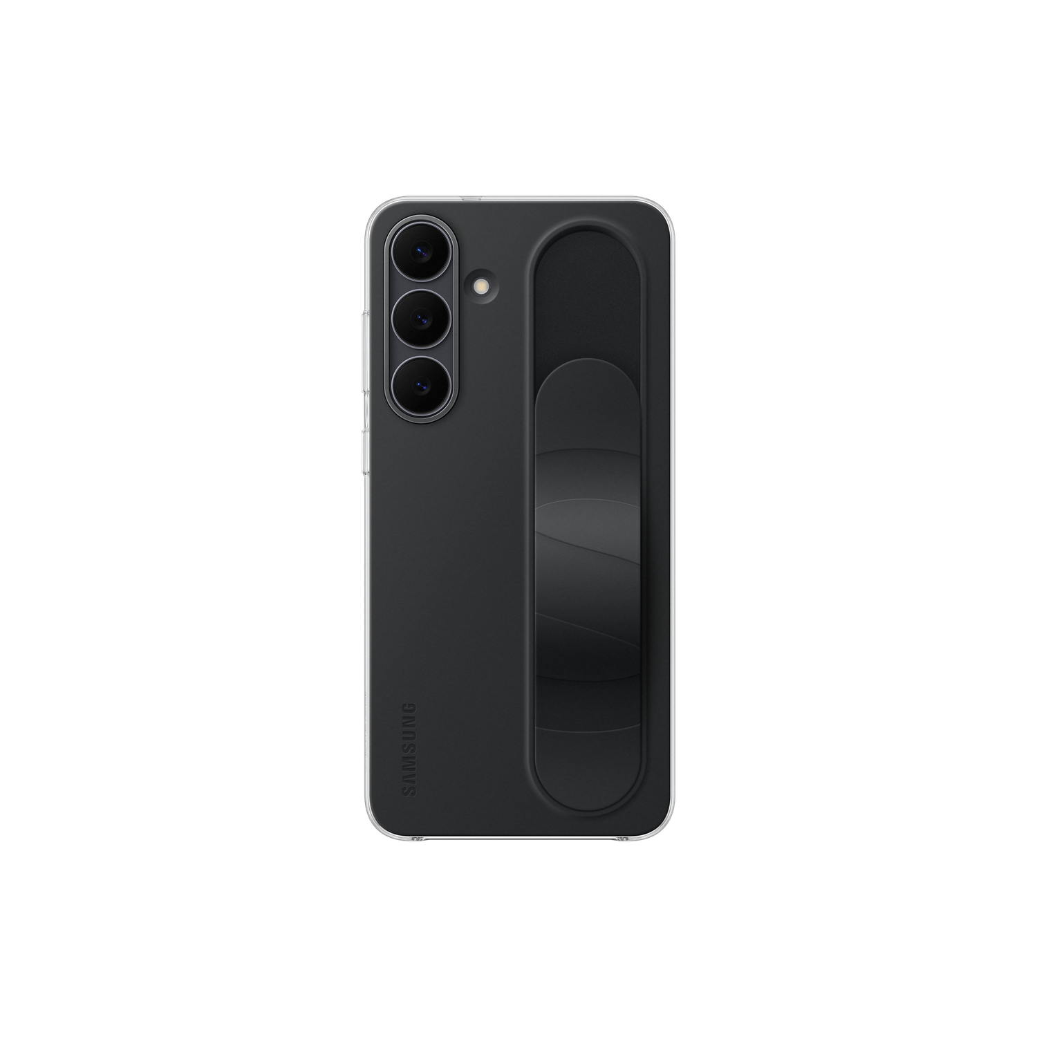 Een zwarte telefoonhoes met een handvat bevestigd aan een Samsung-telefoon. De telefoon heeft drie camera's en een flitser. De achtergrond is zwart.