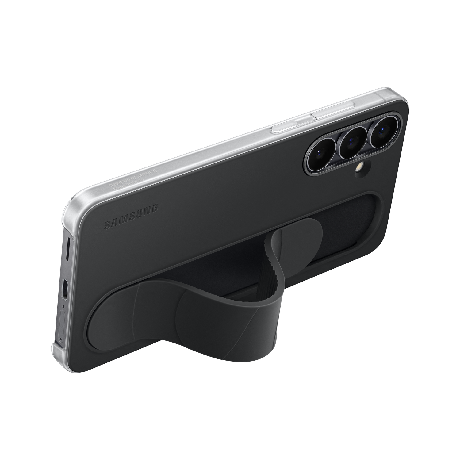 Een zwarte telefoonhoes met vingergrip. De telefoon heeft drie camera's en een zilveren rand. De achtergrond is zwart.
