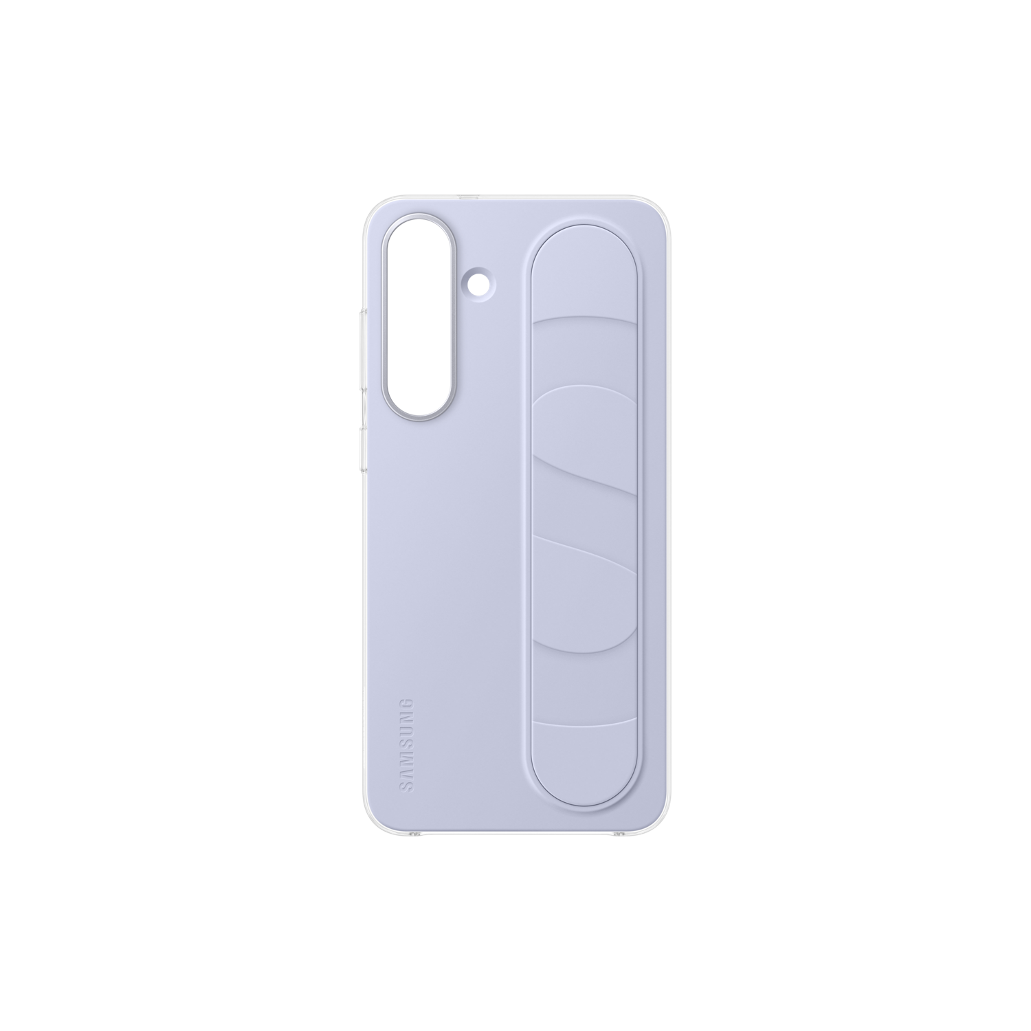 Een lichtpaarse Samsung telefoonhoes met een handvat aan de achterkant. Het Samsung-logo is zichtbaar. De achtergrond is zwart.