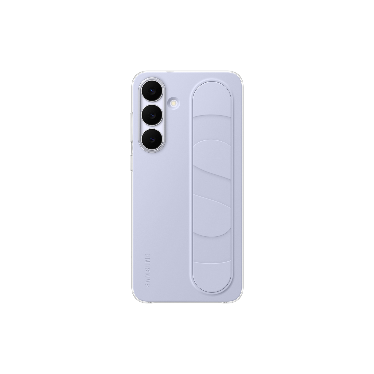 Een lichtpaarse telefoonhoes met een ingebouwde handriem. Het heeft een drievoudige cameralens en het Samsung-logo. De achtergrond is zwart.
