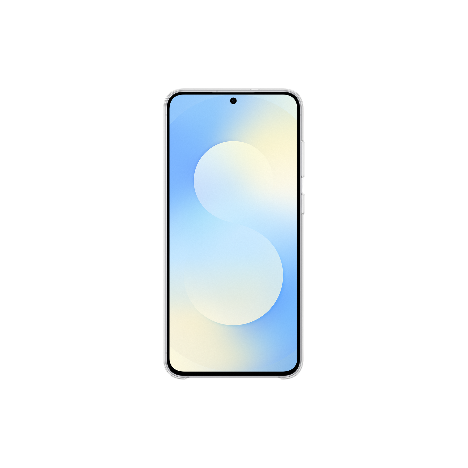 Een smartphone met een scherm dat een blauw-gele gradiënt weergeeft. Het heeft een zwarte rand. De achtergrond is effen zwart.