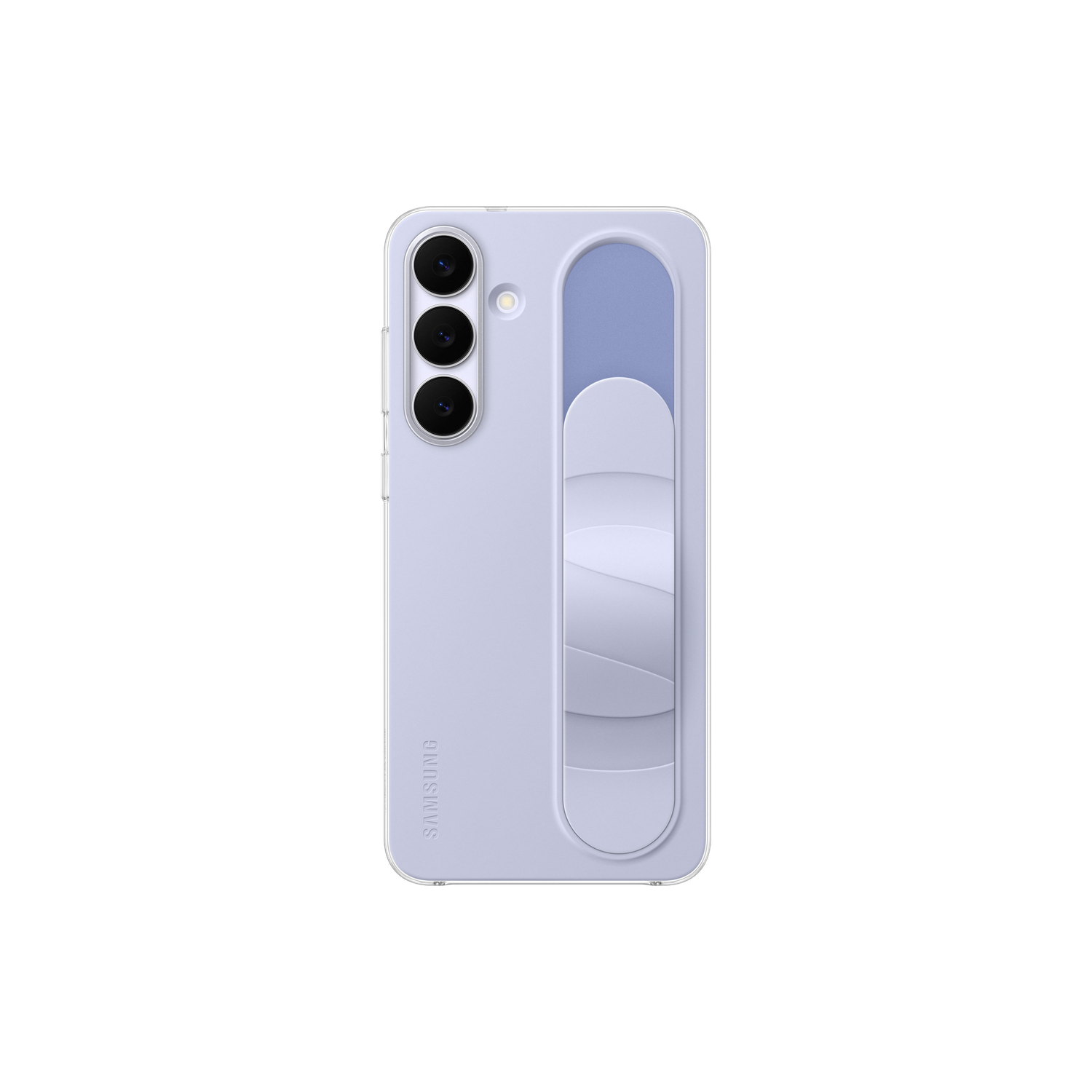 Een lila telefoonhoesje met een grip, met drie cameralenzen en een Samsung-logo. De grip heeft een lichtblauwe sectie.