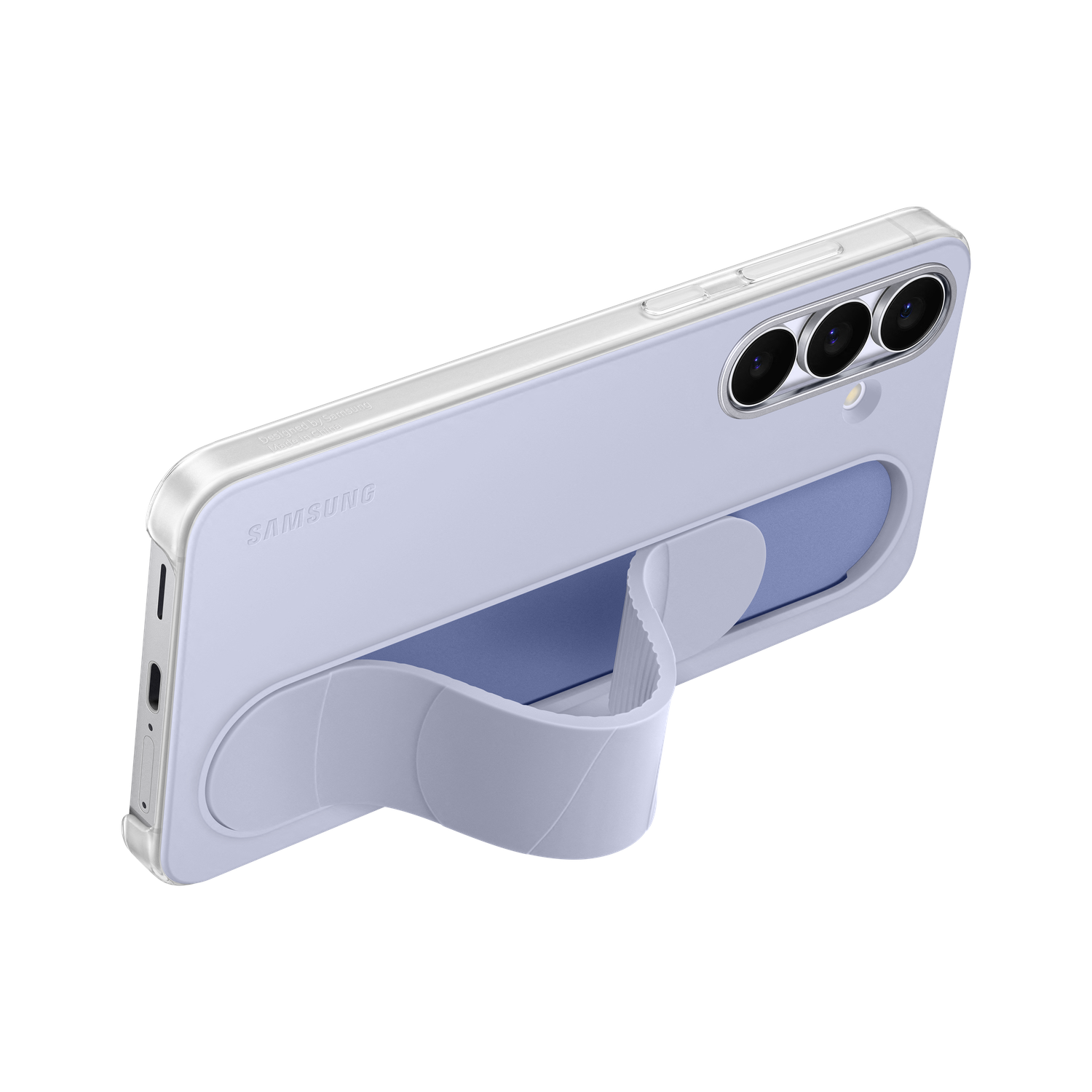 Een lichtpaarse telefoonhoes met standaard. Samsung-logo zichtbaar. De telefoon heeft drie camera's. De achtergrond is zwart.