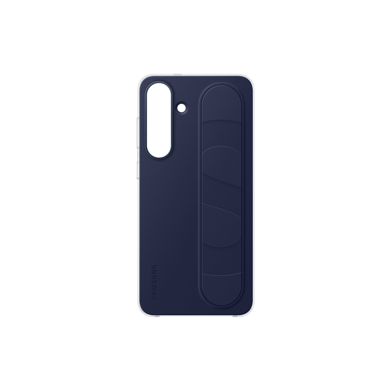 Een donkerblauwe telefoonhoes met een witte rand. Het heeft een uitsparing voor de camera, een grip en het Samsung-logo.
