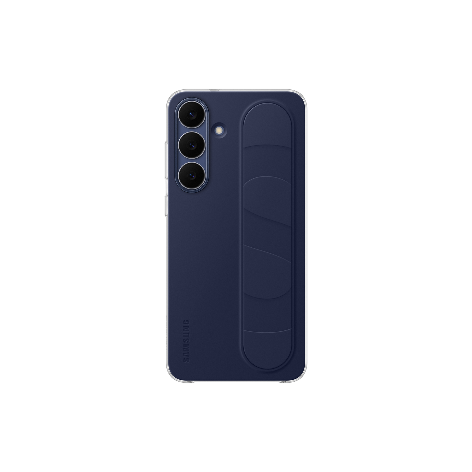 Een marineblauwe telefoonhoes met grip. Het heeft drie cameralenzen en het Samsung-logo. De achtergrond is zwart.