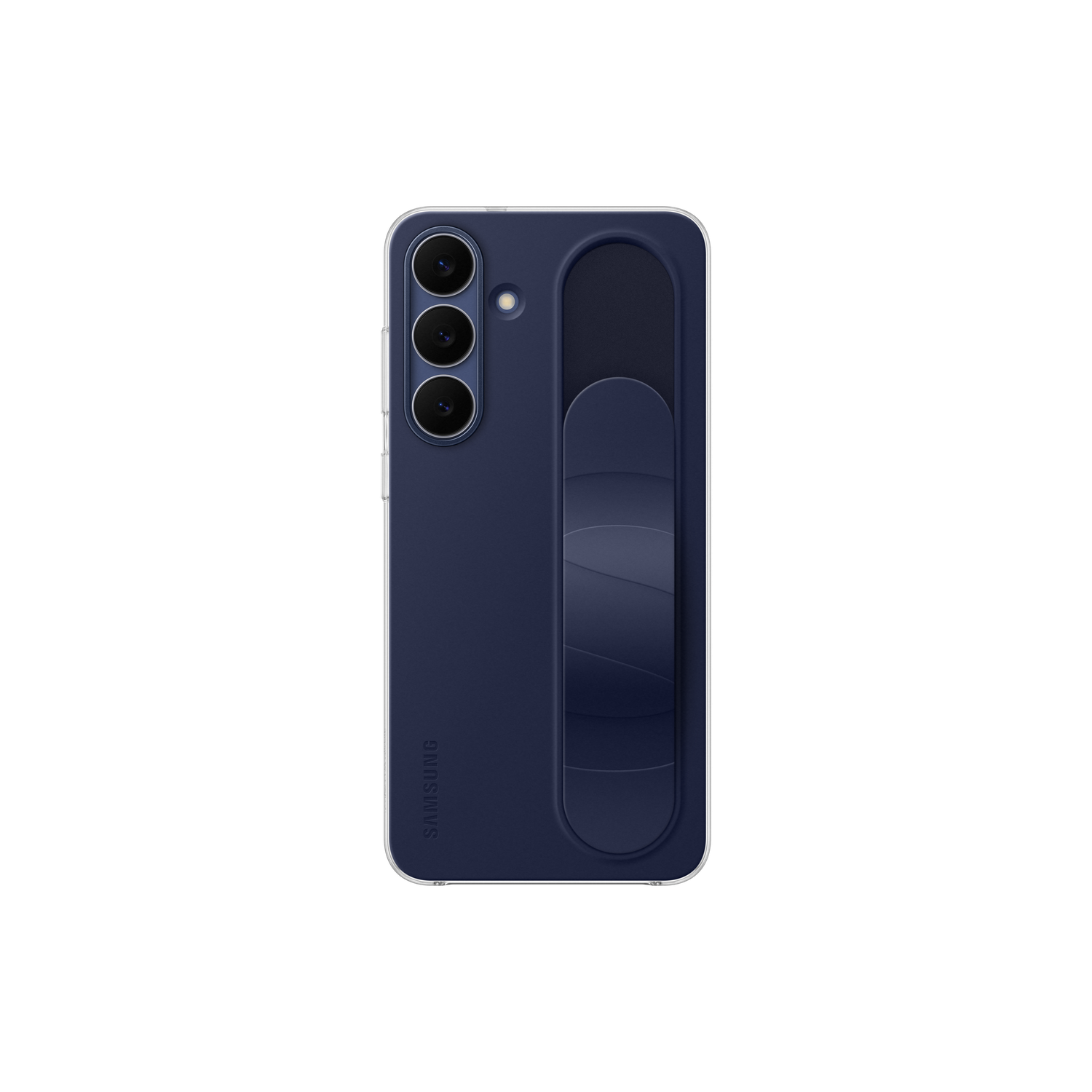 Een marineblauwe telefoonhoes met een grip. Het heeft drie cameralenzen en het Samsung-logo. De hoes staat op een zwarte achtergrond.