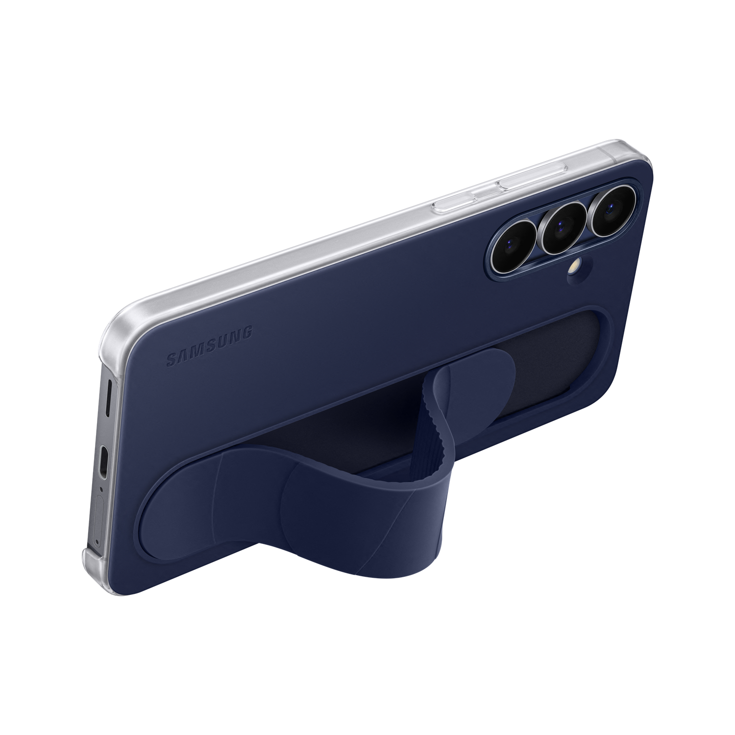 Een marineblauwe Samsung telefoonhoes met een zilveren rand. De hoes heeft een ingebouwde band en drie cameralenzen.