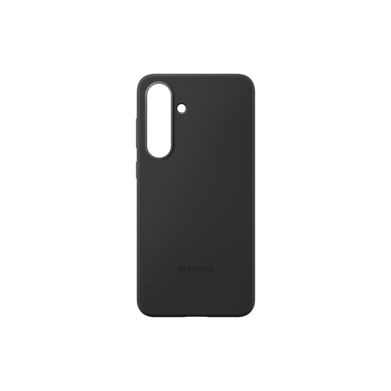 Een donkergrijze telefoonhoes op een zwarte achtergrond. Het heeft een uitsparing voor de camera en het Samsung-logo.