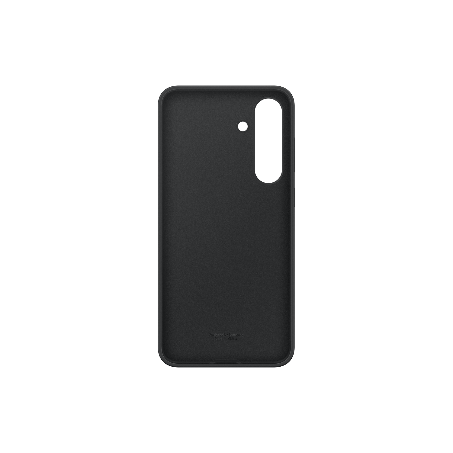 Een zwarte telefoonhoes met uitsparingen voor camera en knoppen. Het heeft een gladde textuur en is ontworpen door Samsung.