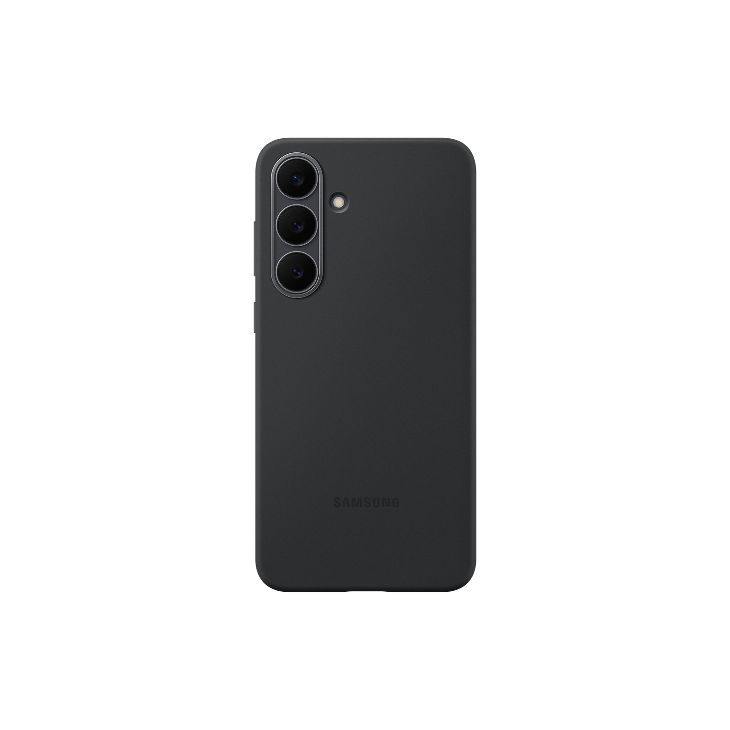 Een zwarte smartphonehoes met een drievoudige cameralens en het Samsung-logo op een zwarte achtergrond.