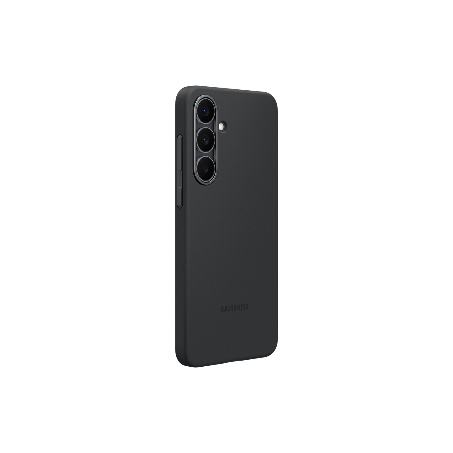 Een zwarte smartphonehoes met drie cameralenzen tegen een zwarte achtergrond. Het merk 'Samsung' is zichtbaar.