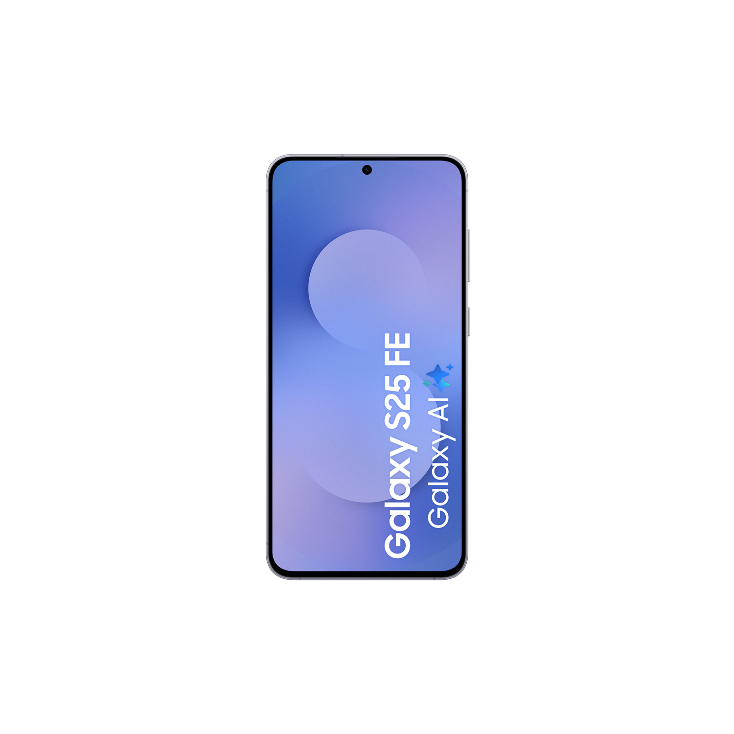 Un smartphone avec un écran bleu affiche les mots "Galaxy S25 FE" et "Galaxy AI" sur un fond noir.