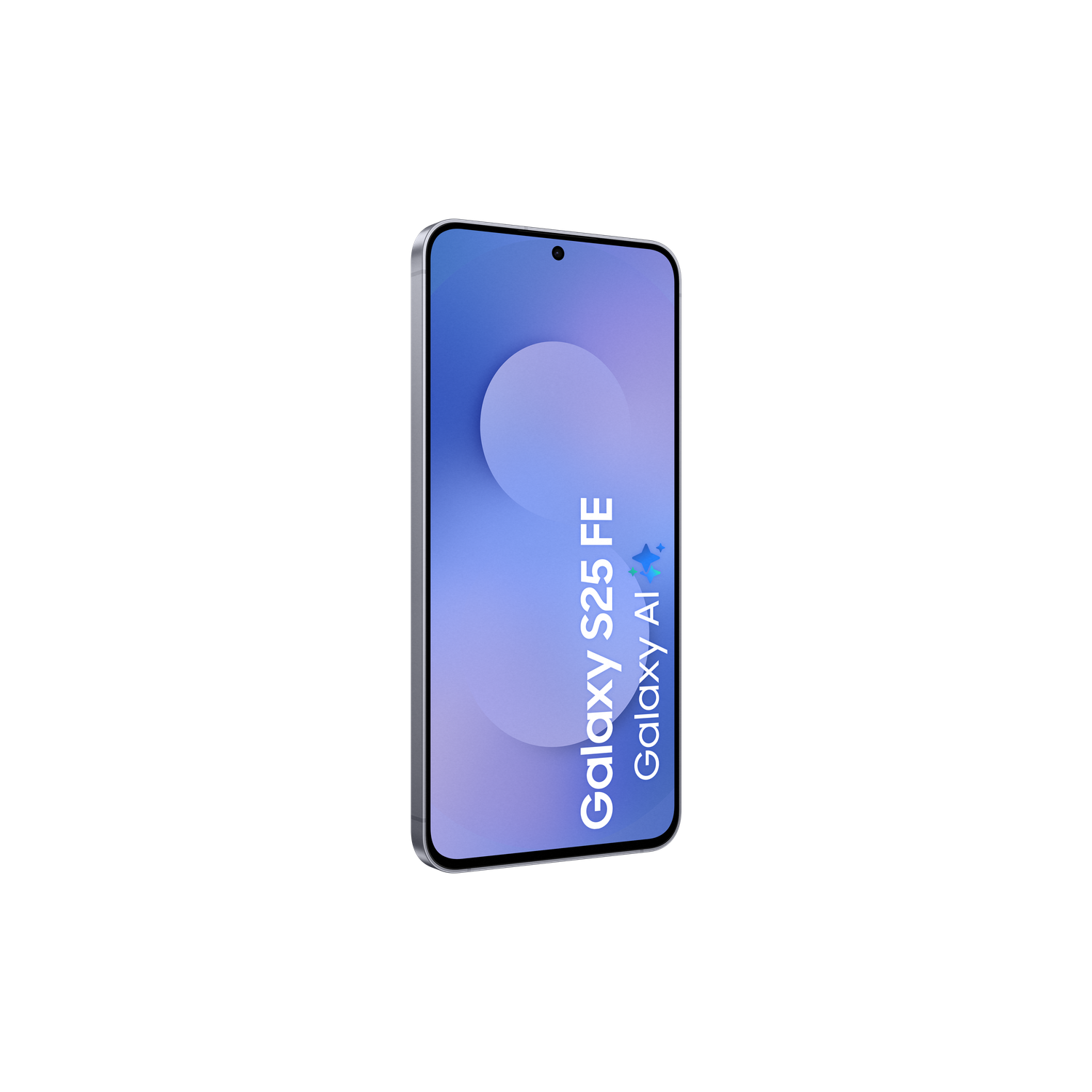 Un smartphone argenté avec un écran bleu affichant le texte Galaxy S25 FE et Galaxy AI, sur fond noir.