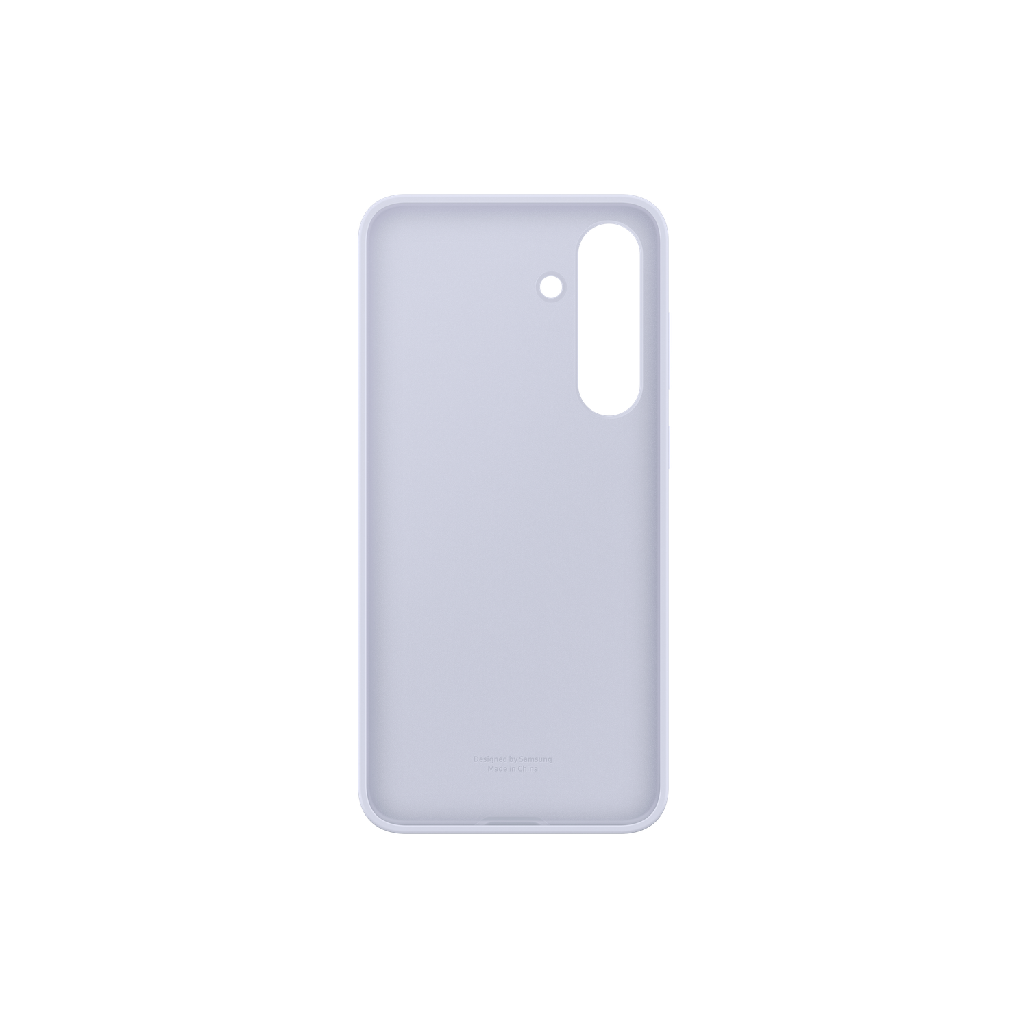 Een lichtpaarse telefoonhoes op een zwarte achtergrond. Het heeft een cameragat en het Samsung-logo.