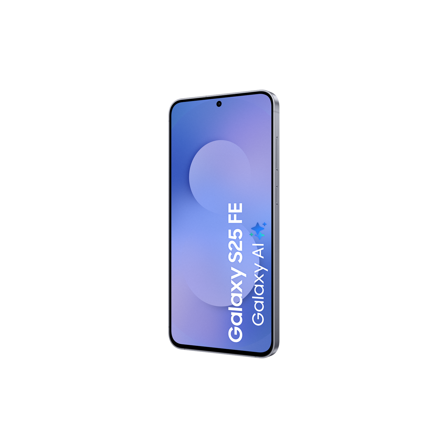 Un smartphone argenté avec un écran bleu affichant 'Galaxy S25 FE Galaxy AI' sur fond noir.