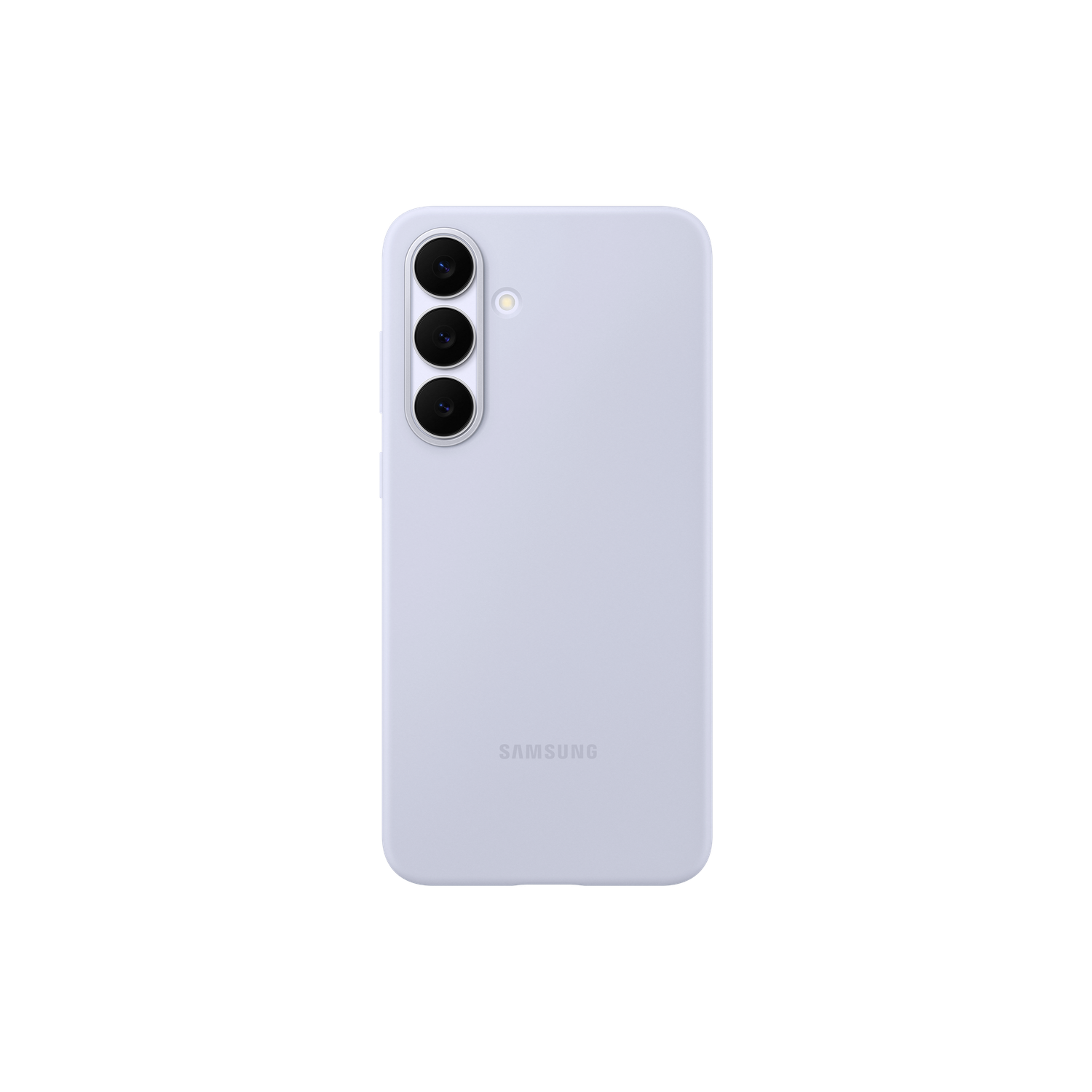 Een lichtpaarse smartphone op een zwarte achtergrond. Drie cameralenzen en een flits zijn zichtbaar. Het Samsung-logo is ook te zien.