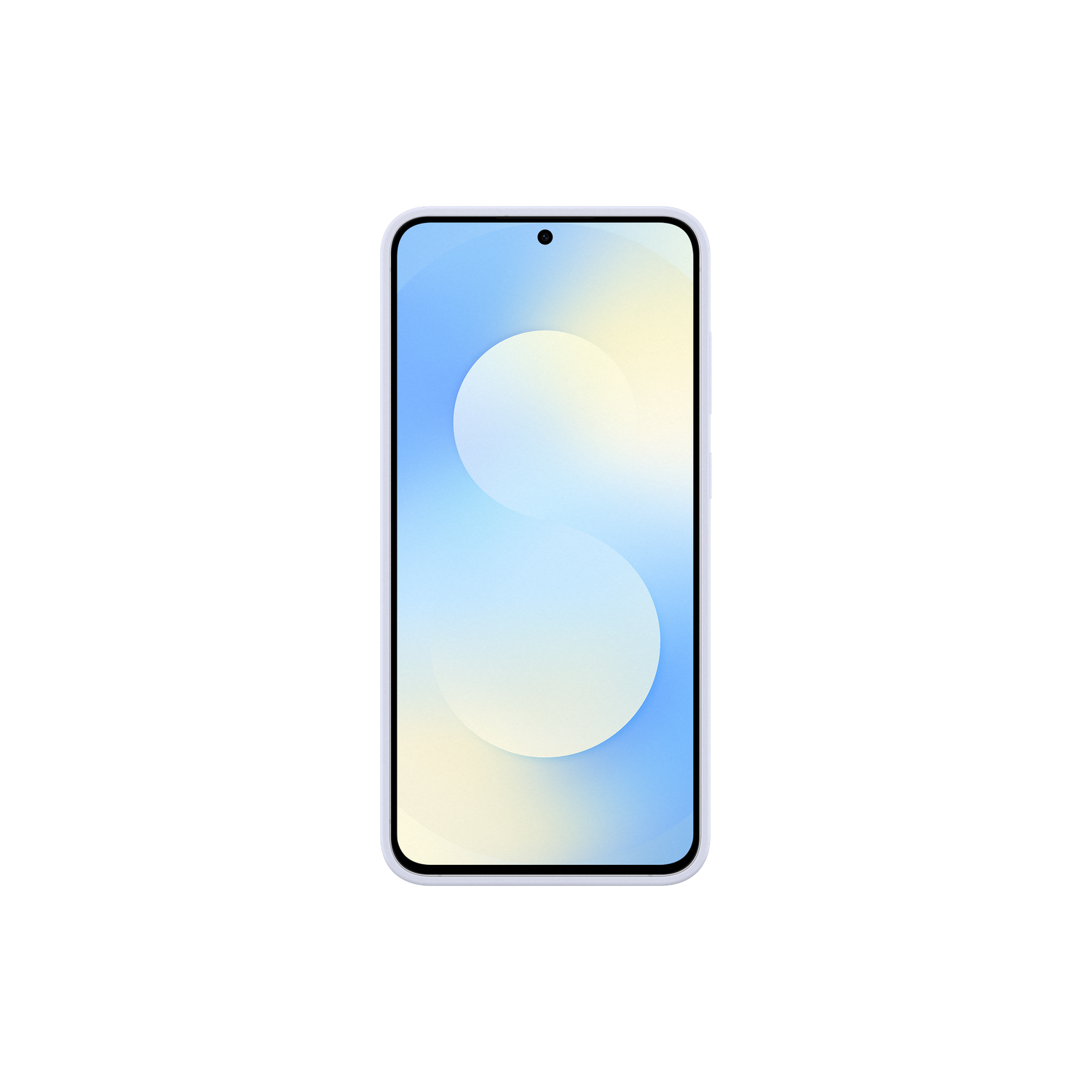Een smartphone met een lichtblauw scherm en een witte rand op een zwarte achtergrond. Het scherm toont een witte en blauwe gradiënt.