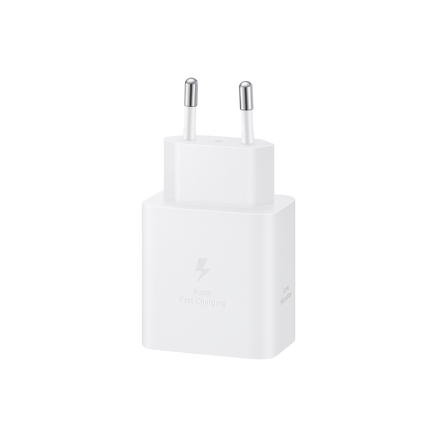 A white Samsung Super Fast Charging adapter with two silver prongs and a lightning bolt symbol.